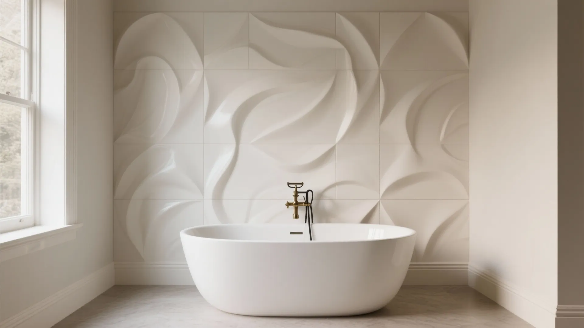 Modern bathroom featuring white bathtub with gold faucet against wavy patterned 3D white wall panels