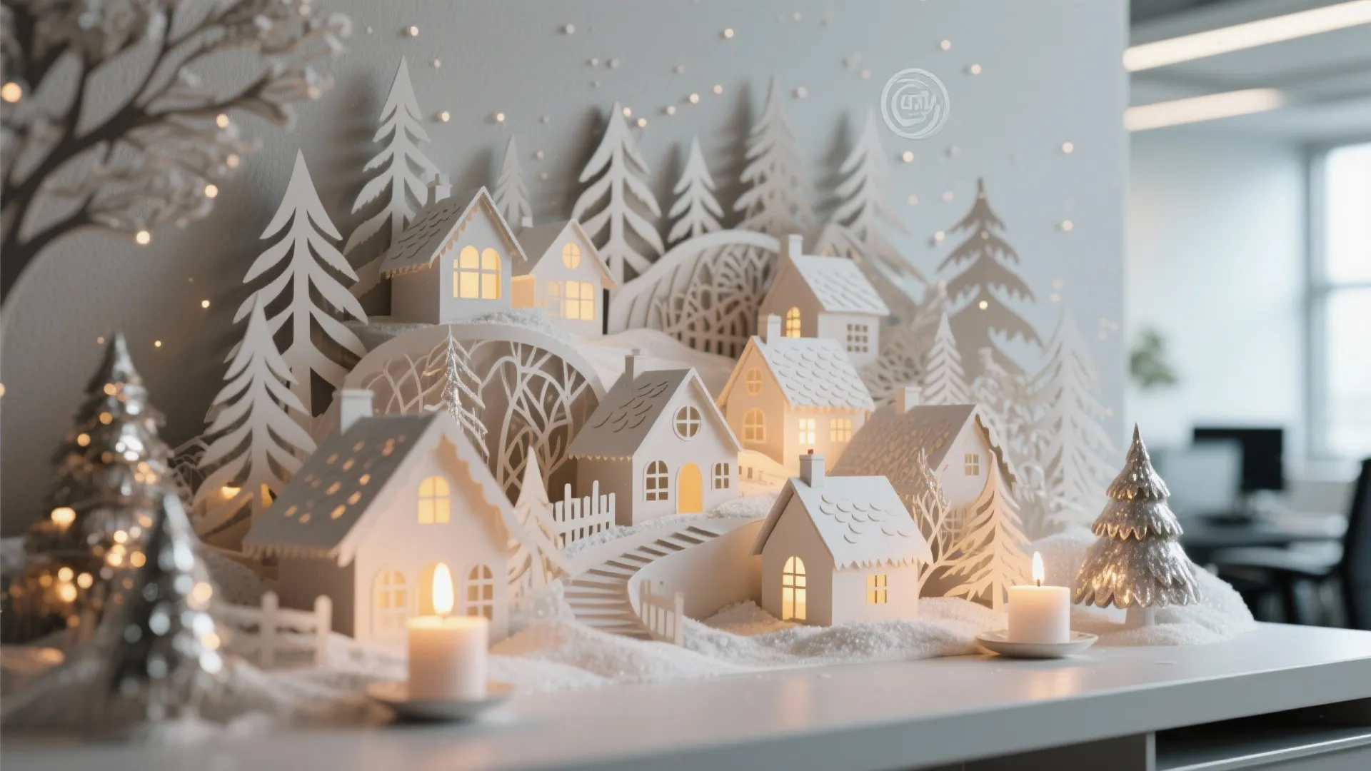 Handmade white paper village holiday display with miniature houses trees and warm lit candles indoor