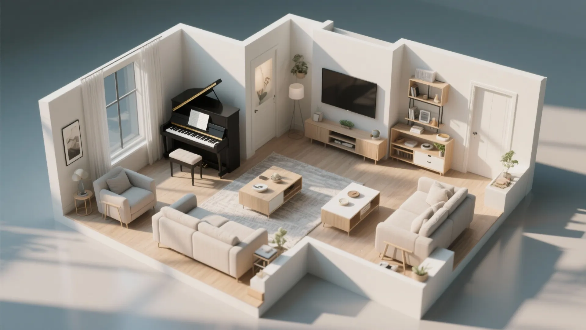 Interior design drawing of a modern living room showing white sofas black piano and television