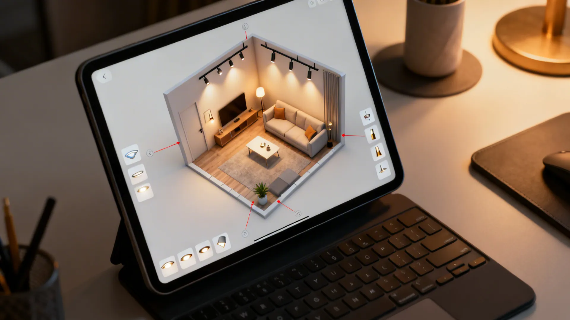 Top-down view of a 3D lighting plan on a tablet showing fixture placements for a small living room.