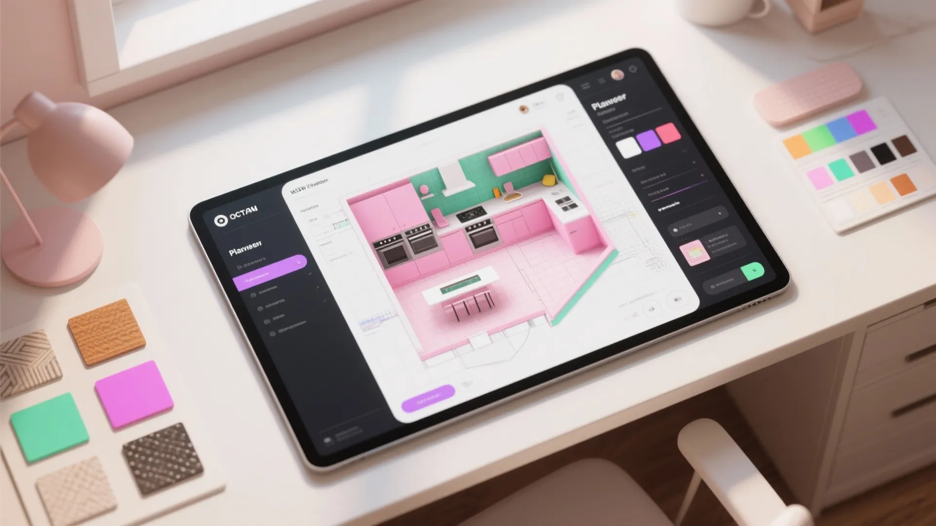 Top-down view of a digital 3D floor plan and material swatches for pink and green kitchen planning