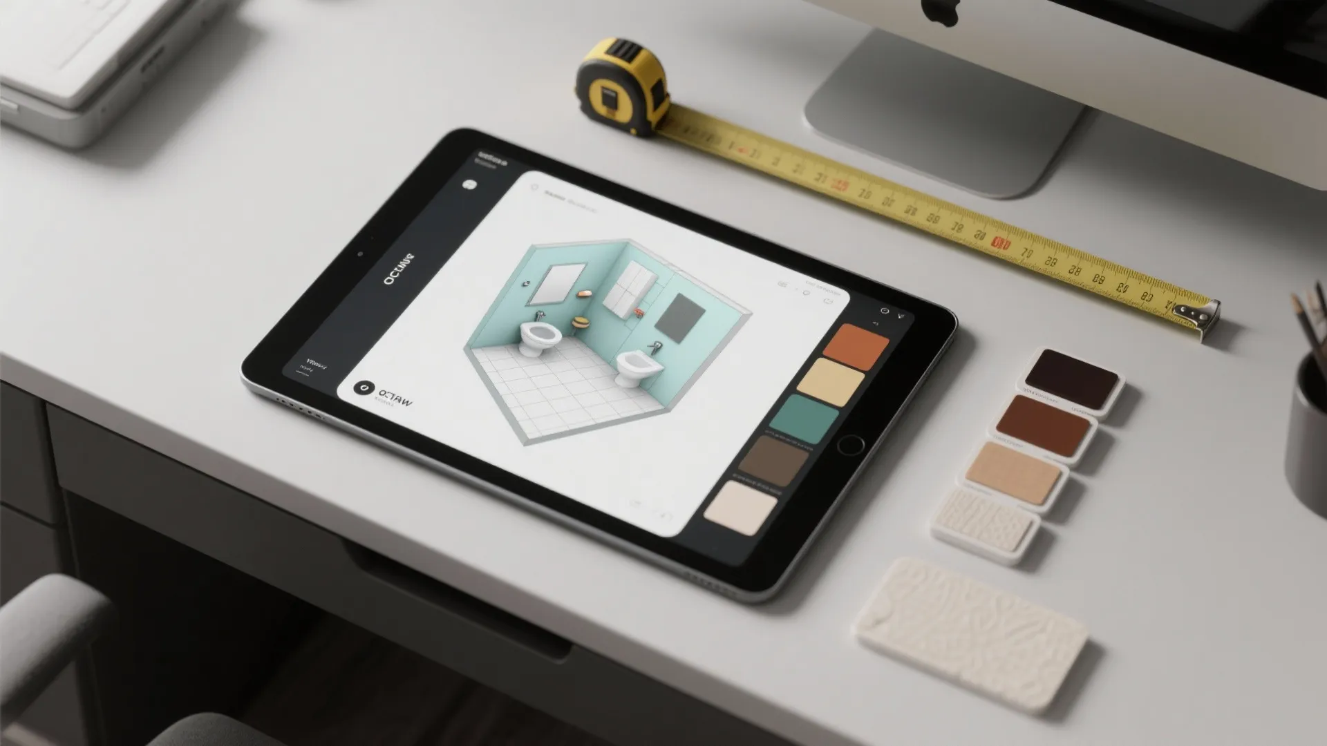 Tablet showing 3D bathroom interior design drawing on a white desk with yellow measuring tape