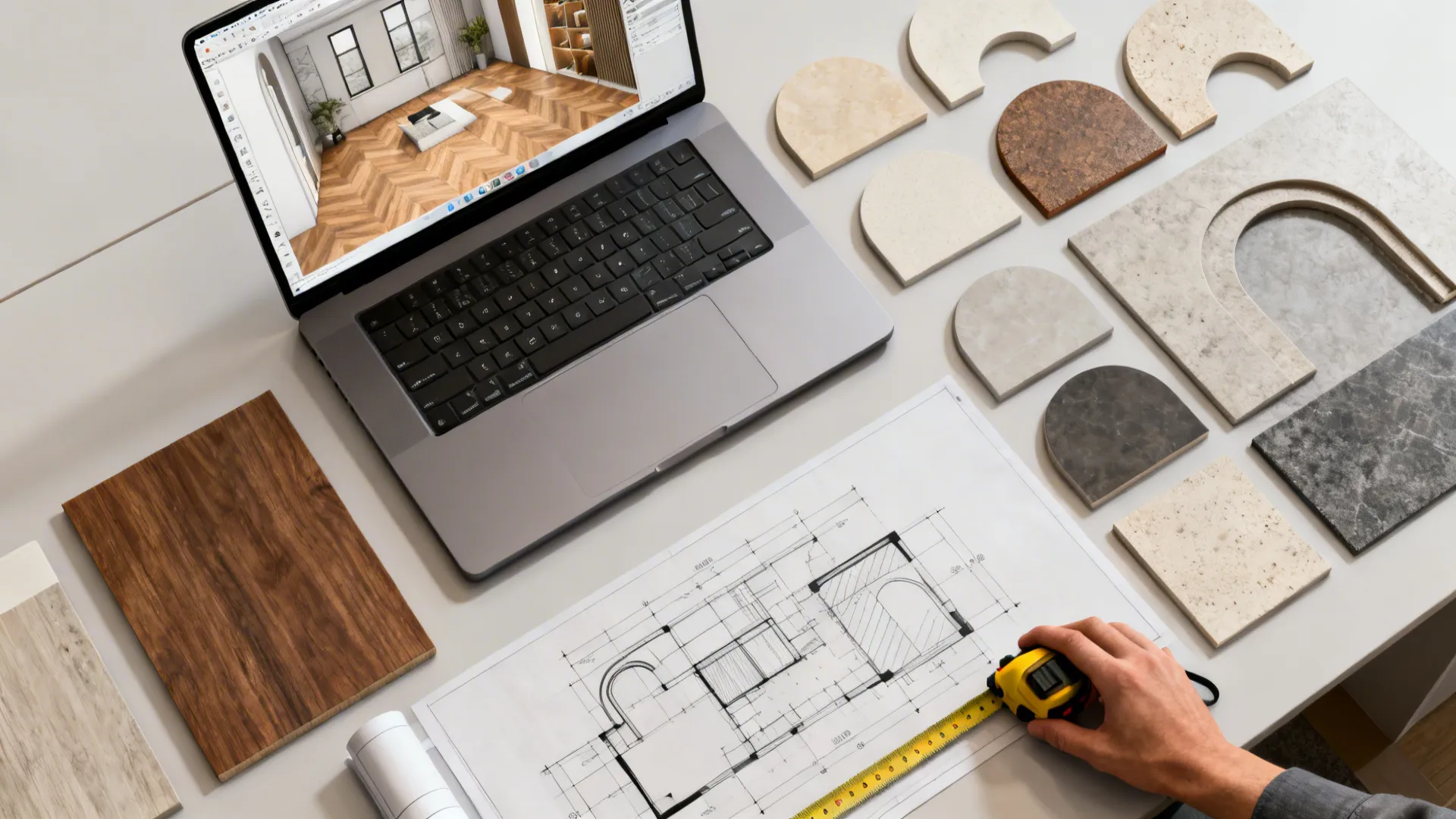Laptop displaying 3D room design next to paper floor plan being measured with yellow tape