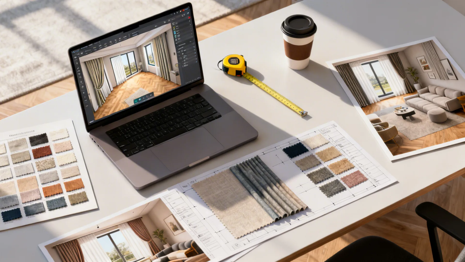 Top-down view of a desk with a 3D floor planner on laptop, curtain swatches and mockups