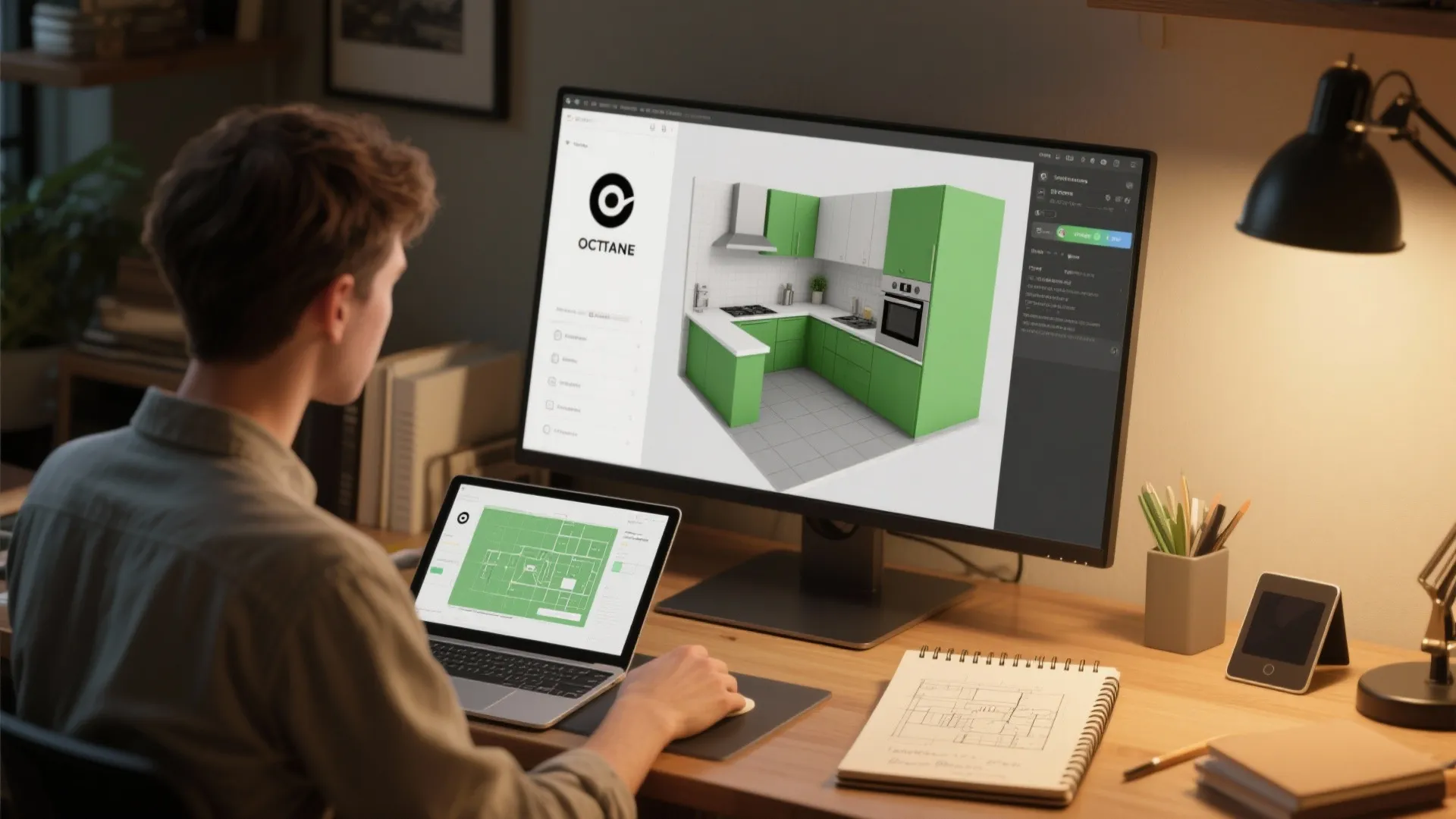 Designer using a 3D floor planner on a laptop to preview a green and grey kitchen