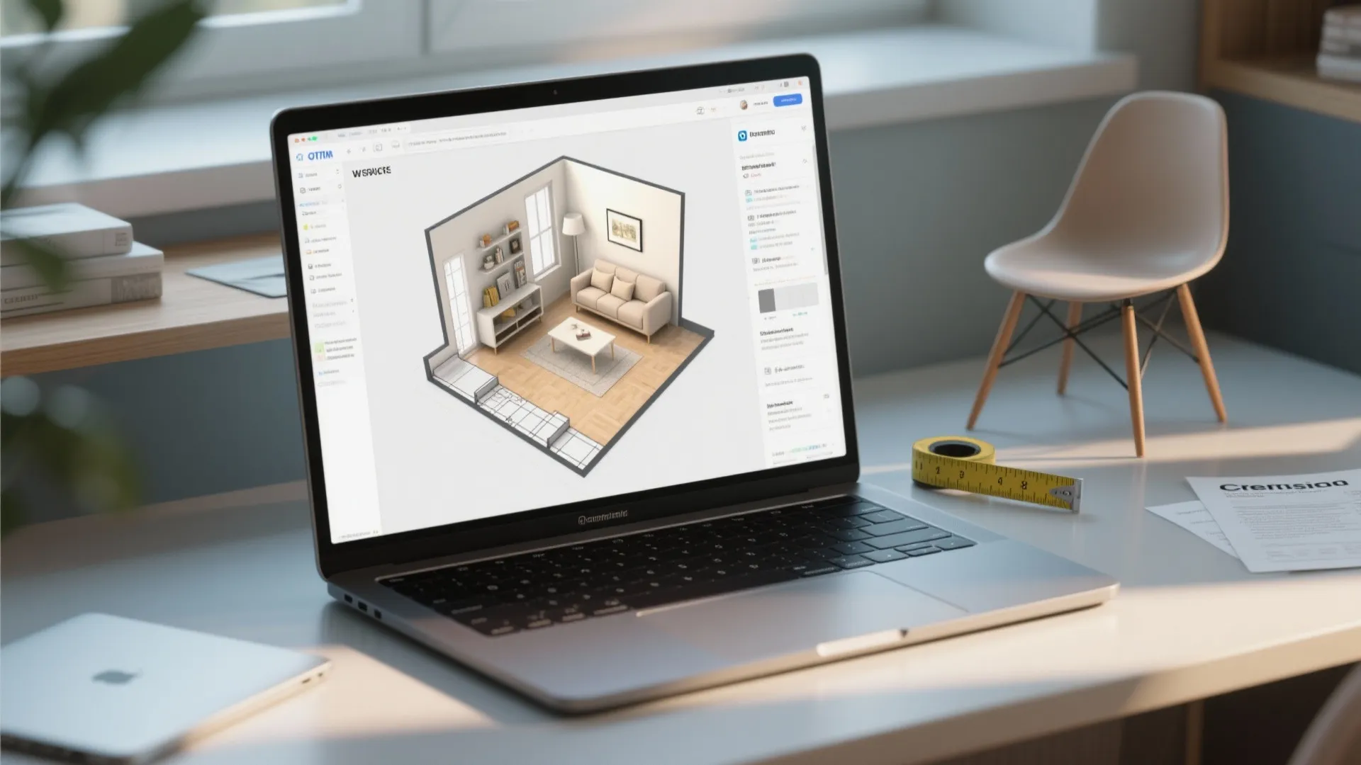 Laptop showing a 3D floor planner with measuring tape and notes for chair placement.