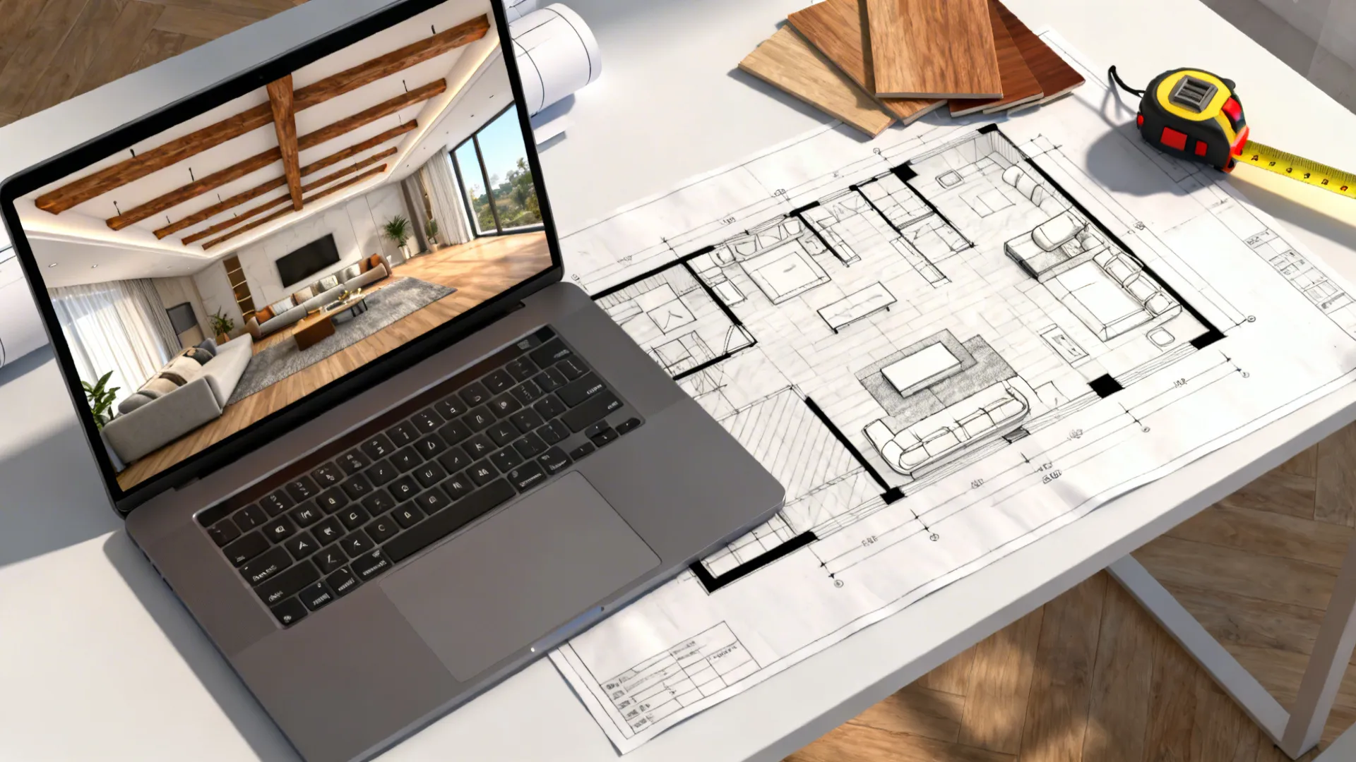 Top-down view of a desk with a 3D floor planner, sketches, measuring tape and wood swatches