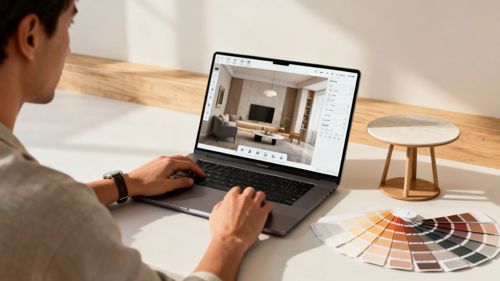 Designer testing centerpiece layouts on a 3D room planner on a laptop beside material samples and a miniature table model.