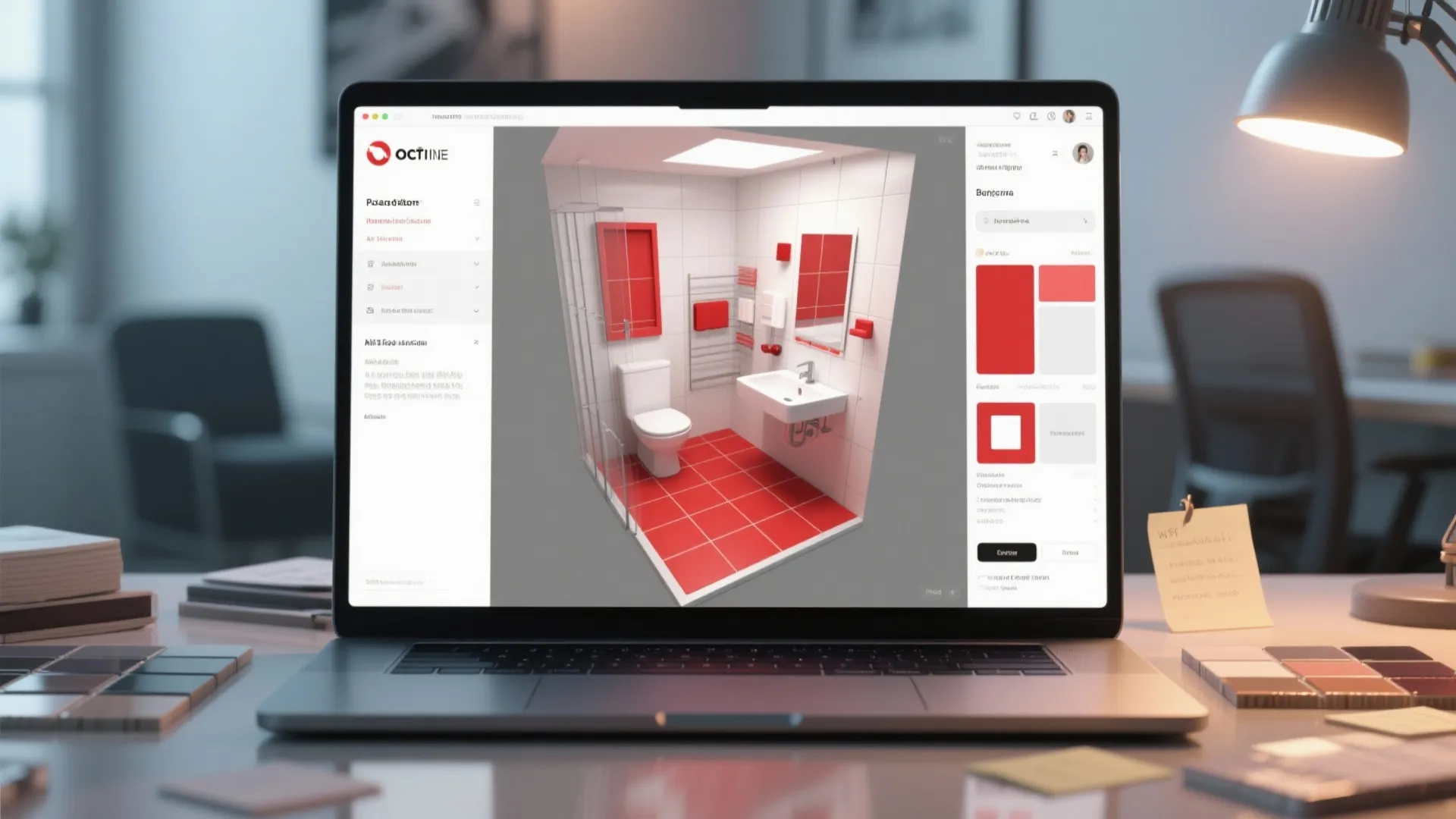 Laptop screen showing a 3D bathroom design with red floor tiles and white wall furniture items