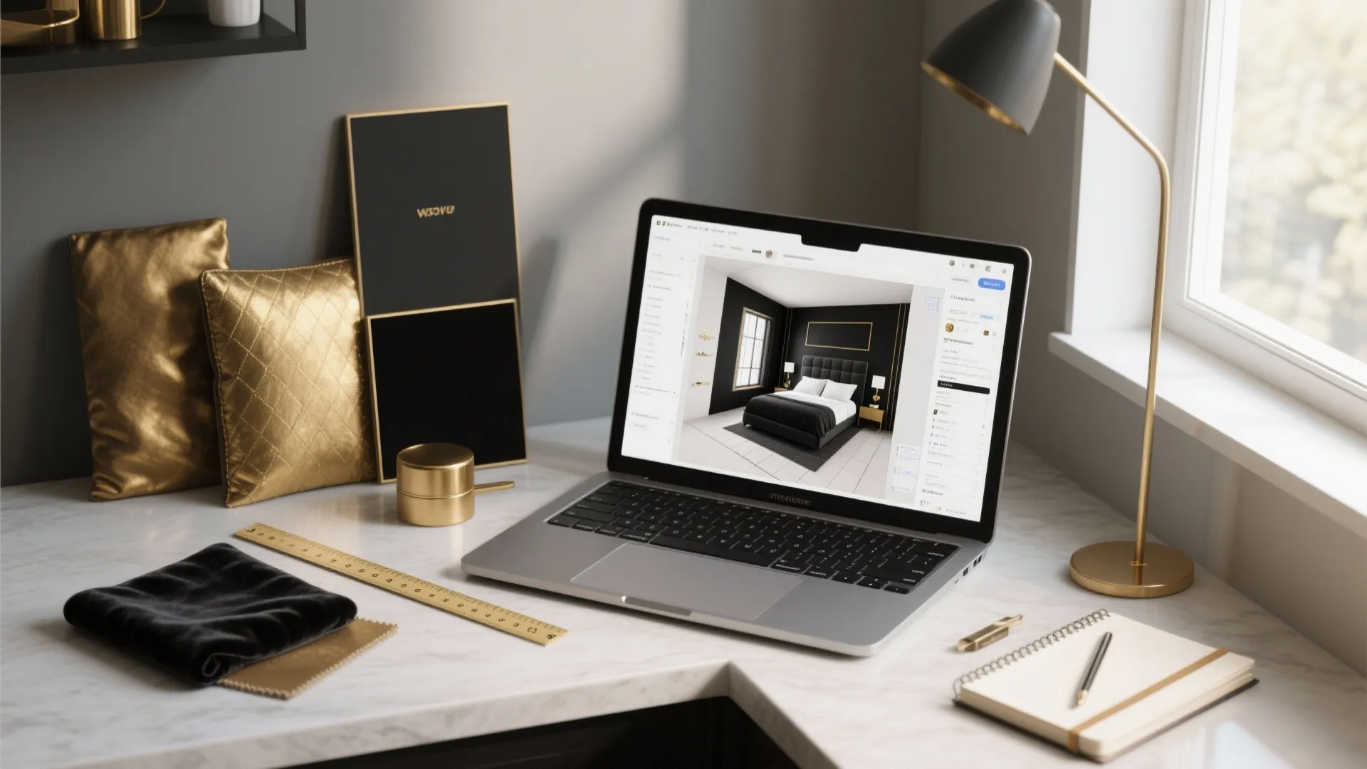 Workspace showing a 3D room planner on a laptop with material samples for a black-and-gold bedroom.