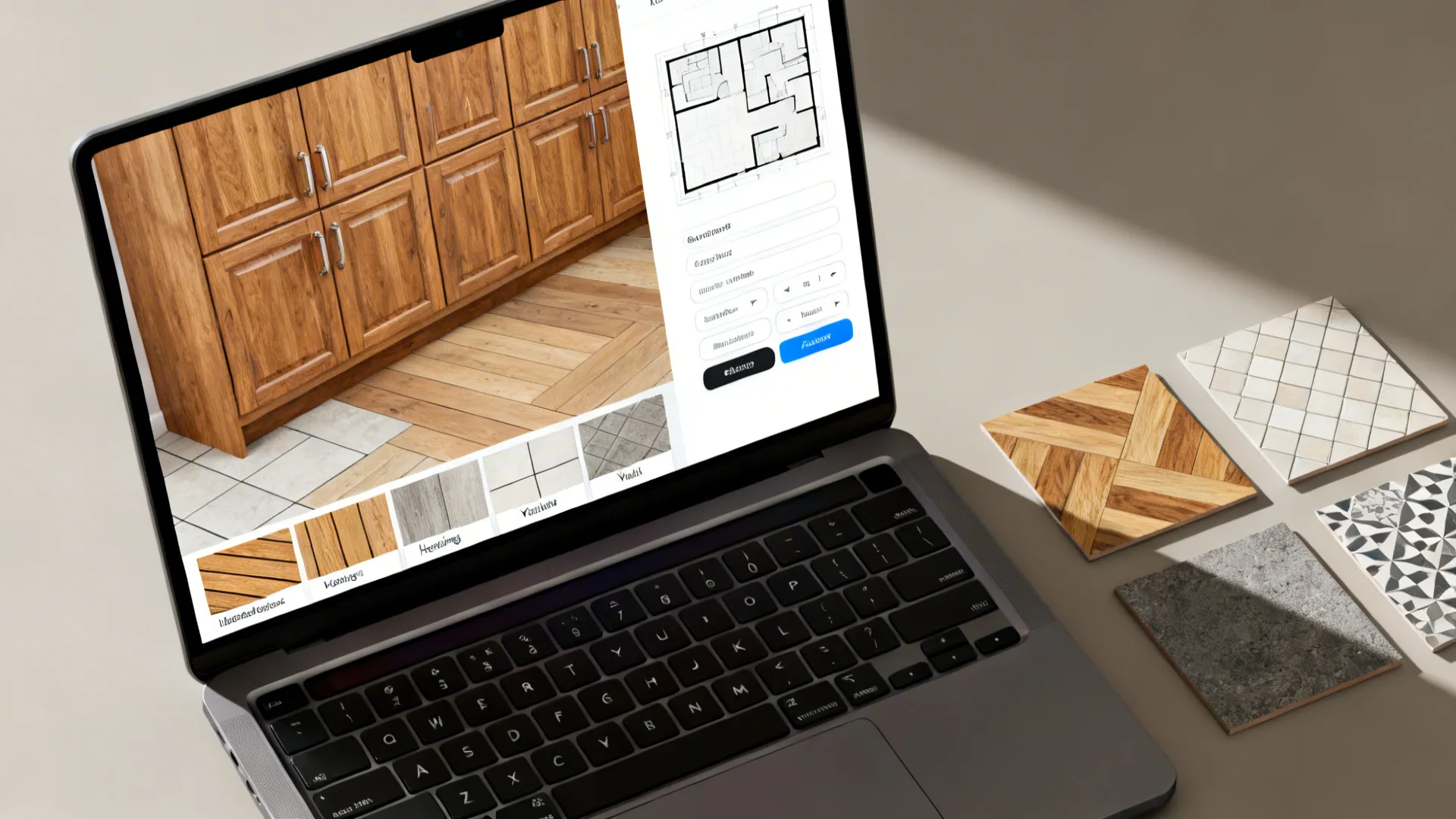 Top-down view of a laptop showing a 3D floor planner with oak cabinets and multiple flooring options.