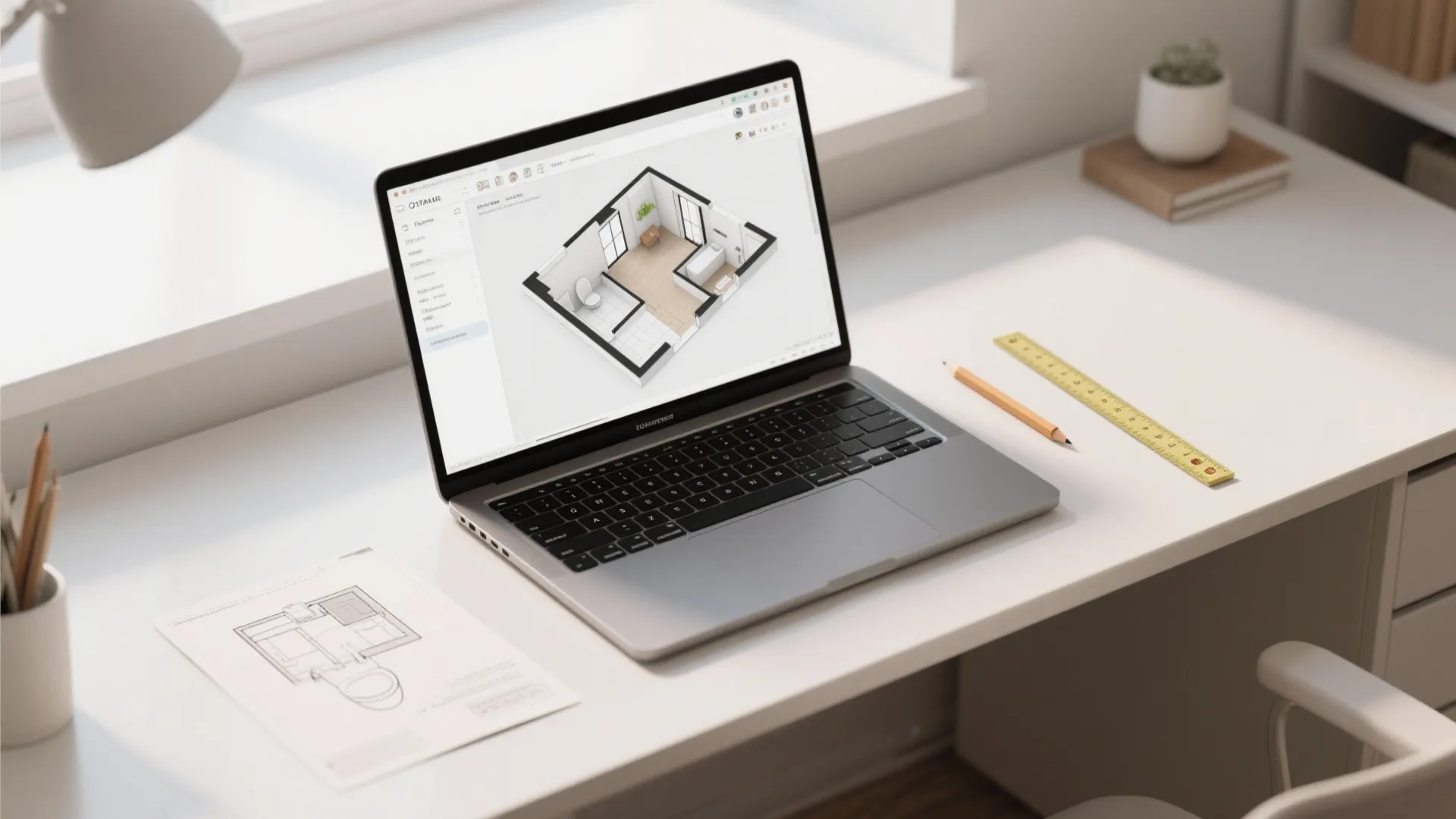 Laptop on white desk showing a 3D room layout design with a ruler and pencil