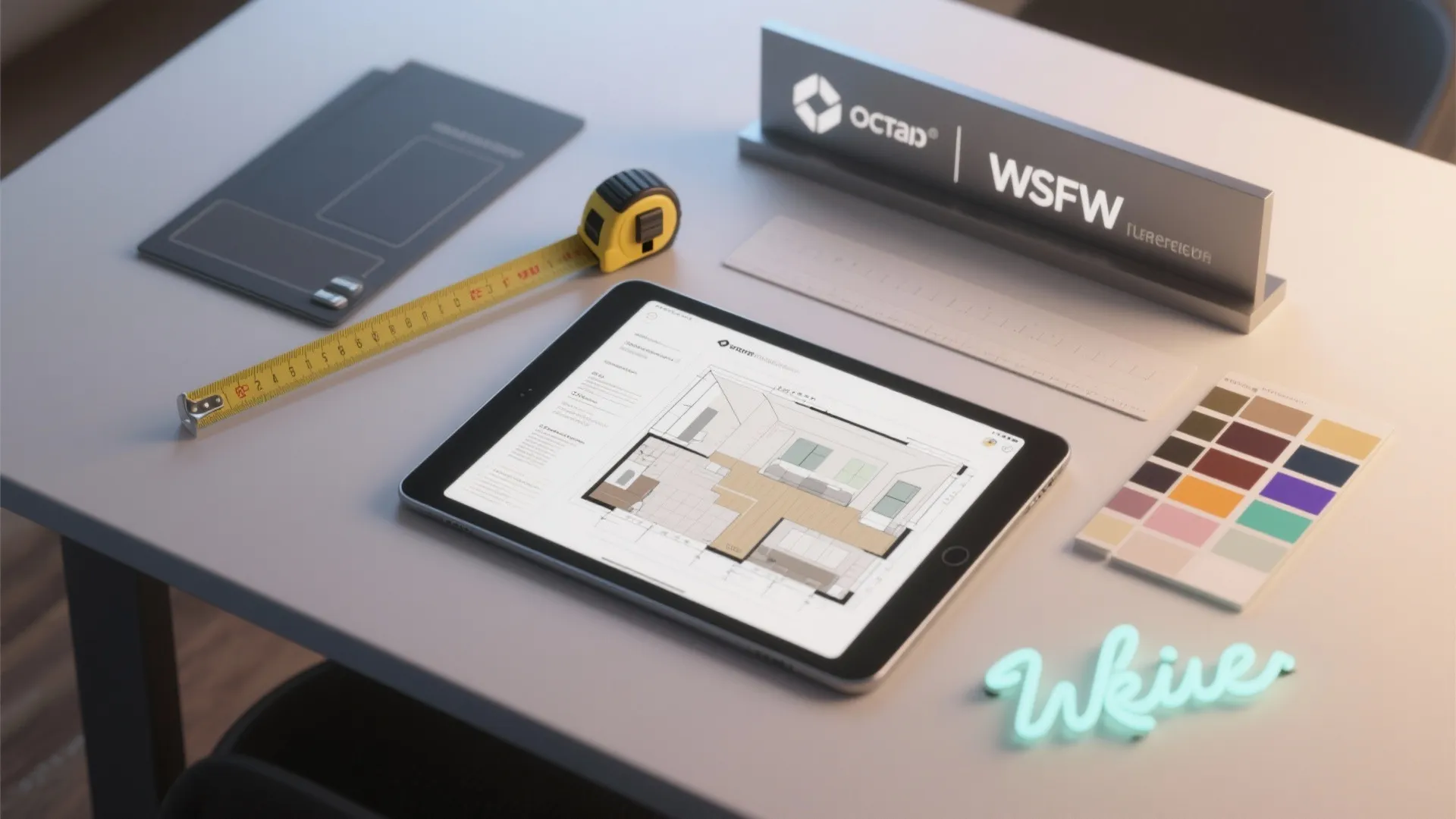 Interior design tools including tablet showing room layout plus tape measure and color palette board