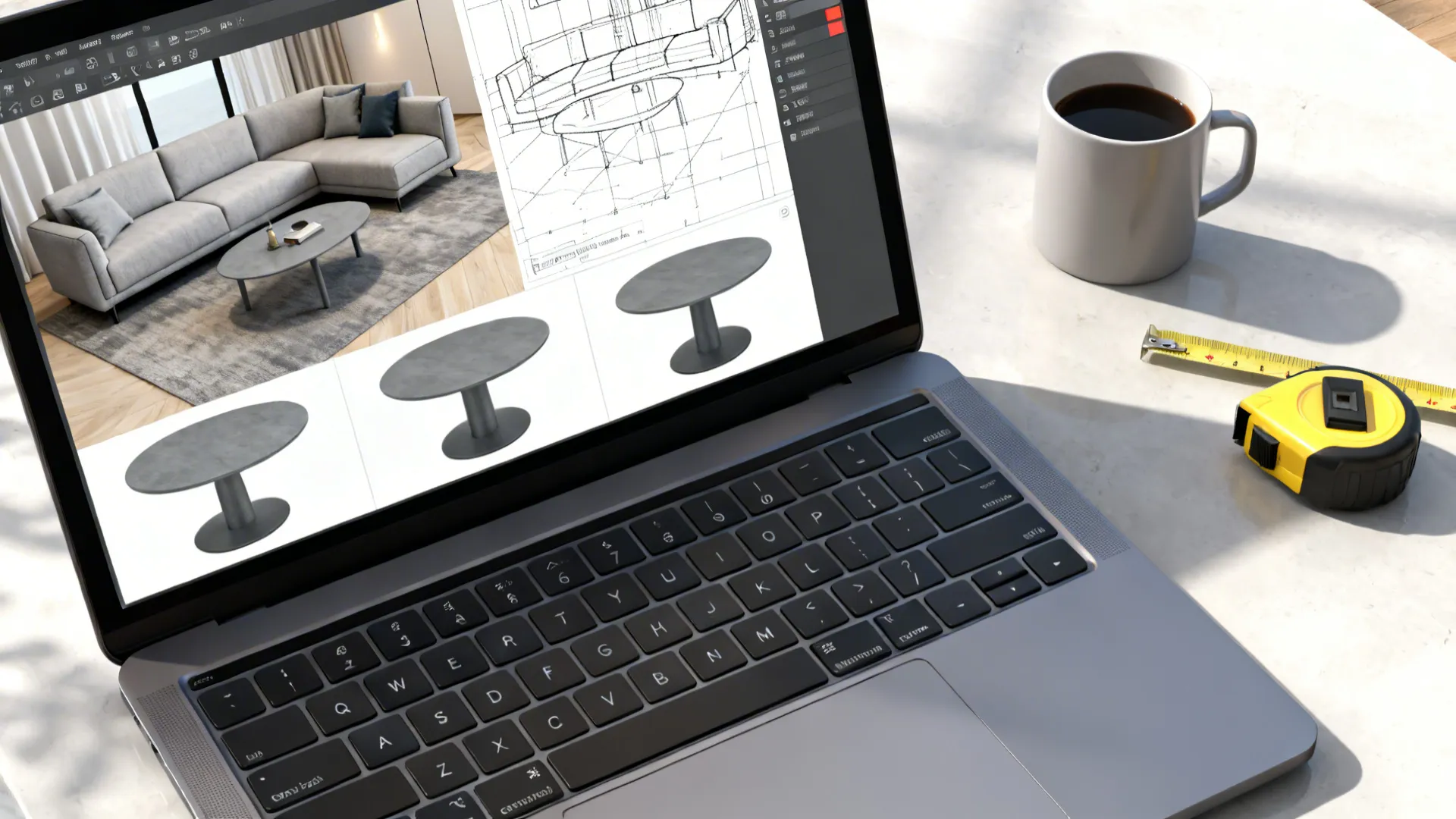 Top-down view of a laptop 3D floor planner showing grey end table options in a living room layout.