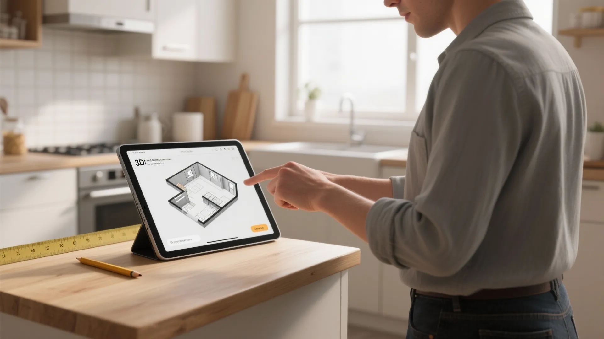 Person using a 3D kitchen planner on a tablet in a small kitchen to test layouts and clearances.