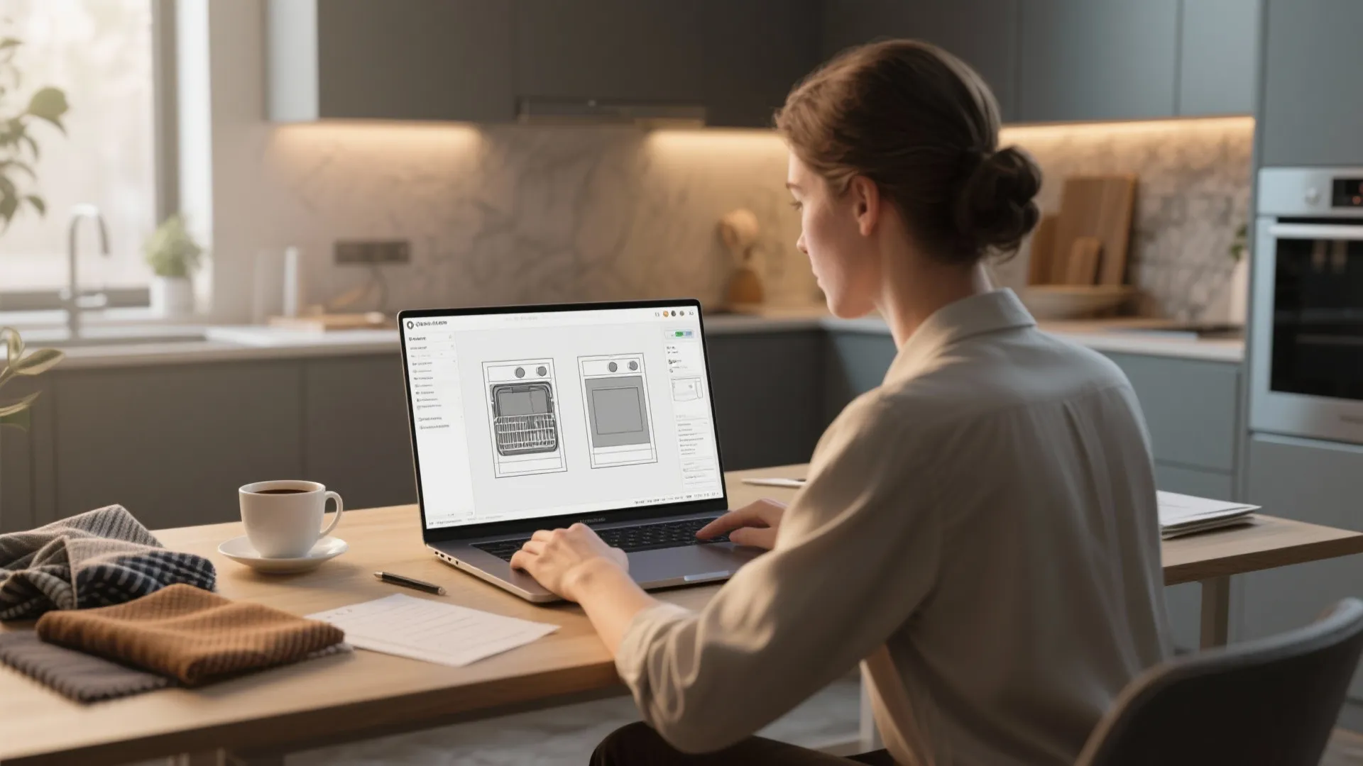 Designer using a 3D kitchen planner on a laptop to visualize two-dishwasher layouts.