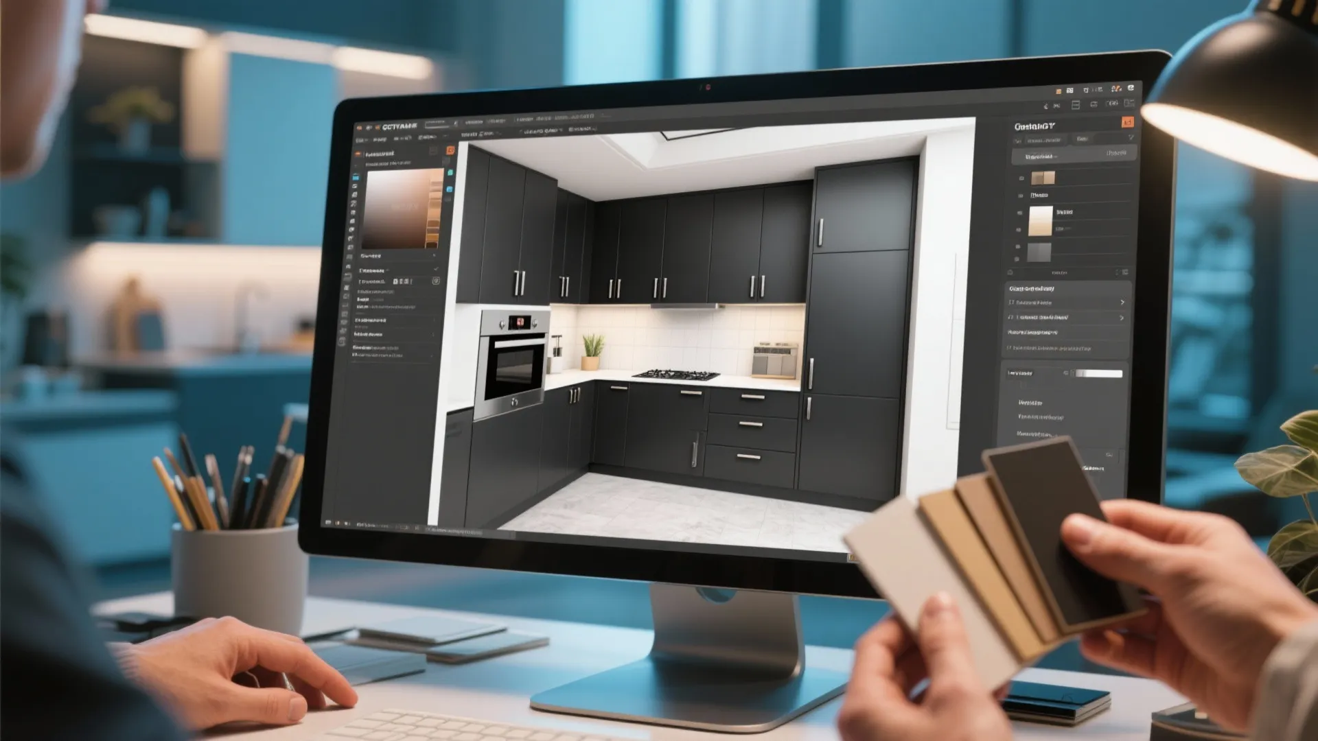 Designer using Coohom software on computer screen to create a modern black kitchen cabinet layout