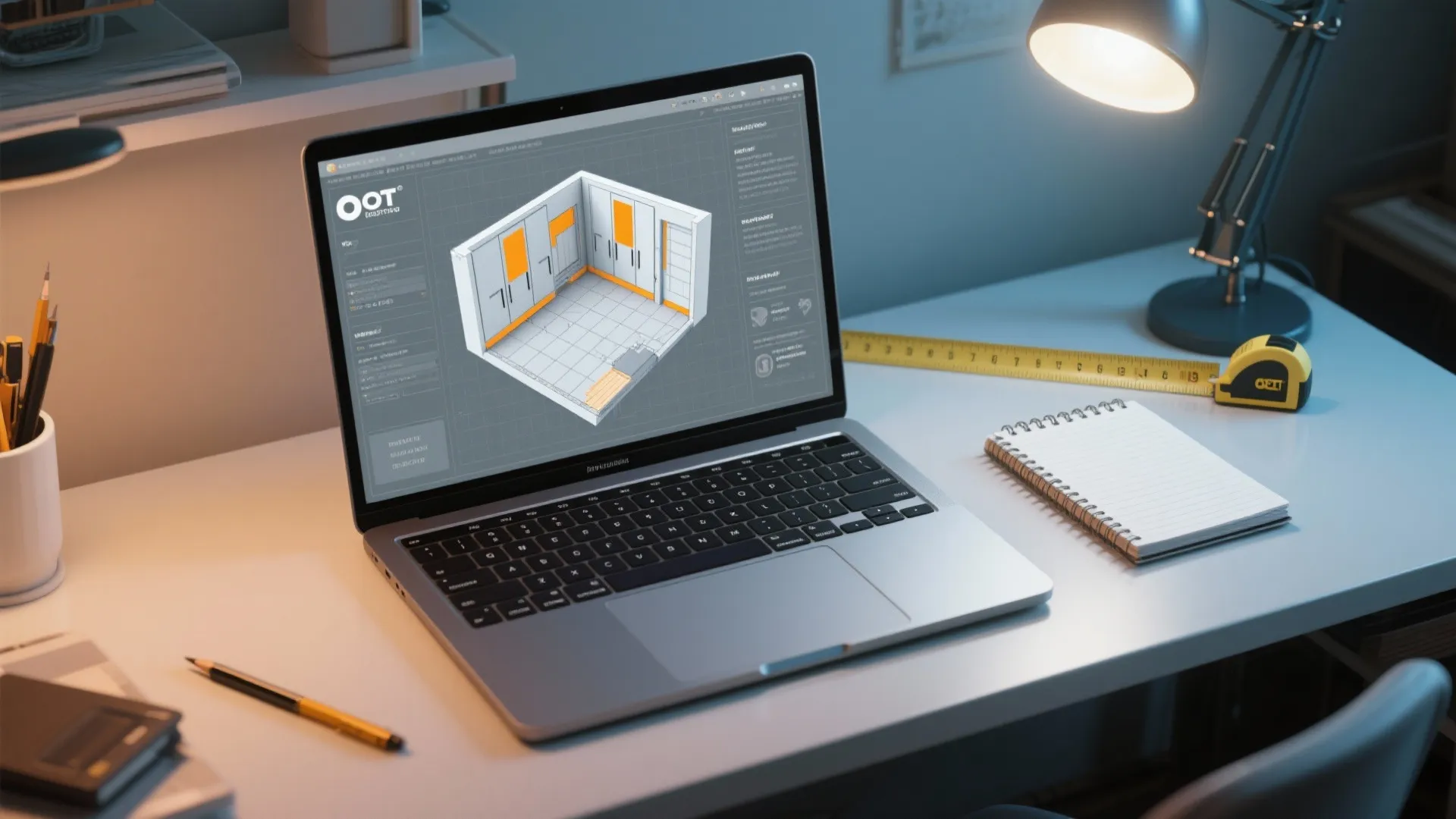 Laptop displaying a 3D floor planner with cabinet faces highlighted, tape measure and notes nearby
