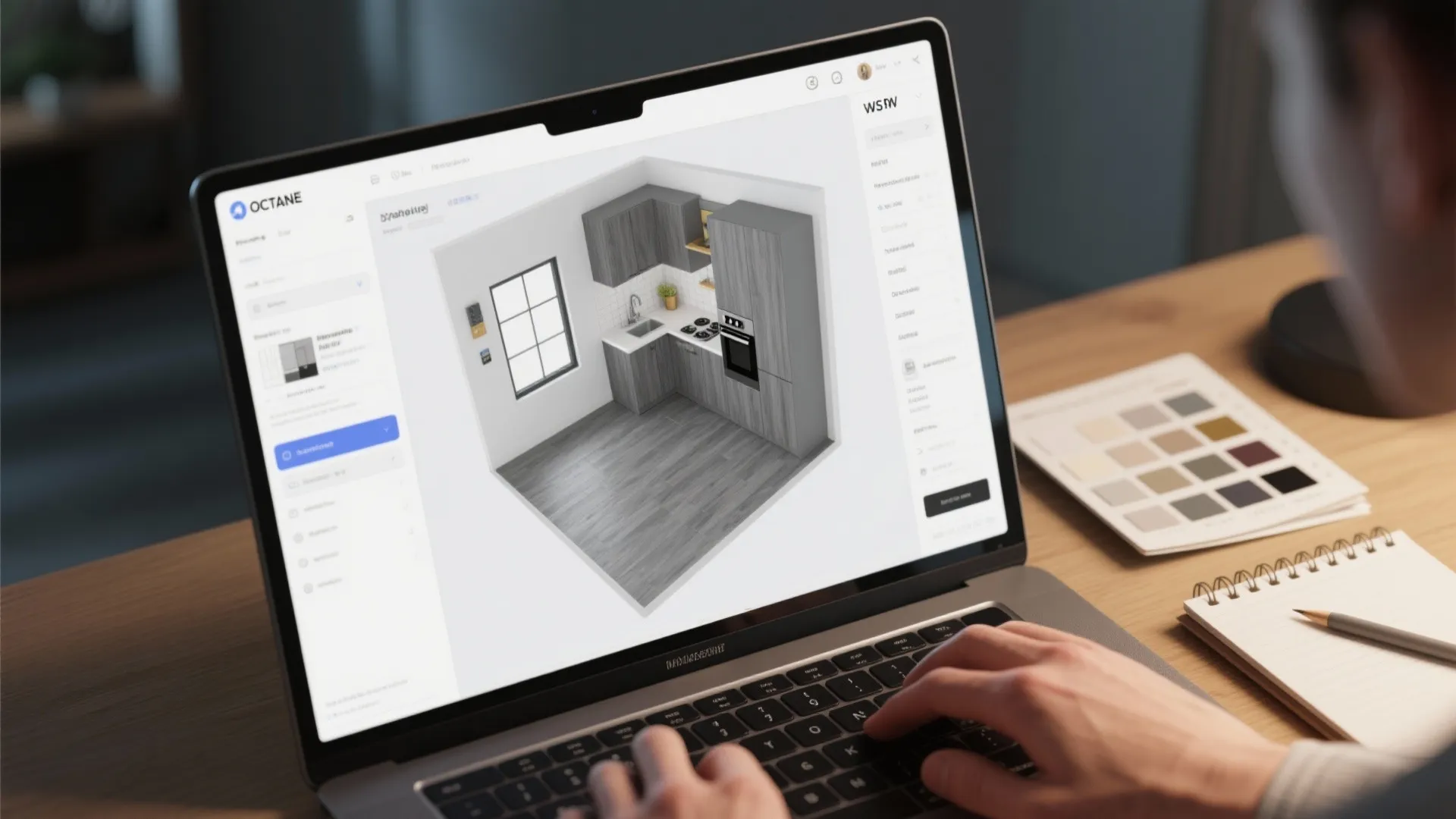Laptop running a 3D floor planner showing grey laminate options beside a swatch book.