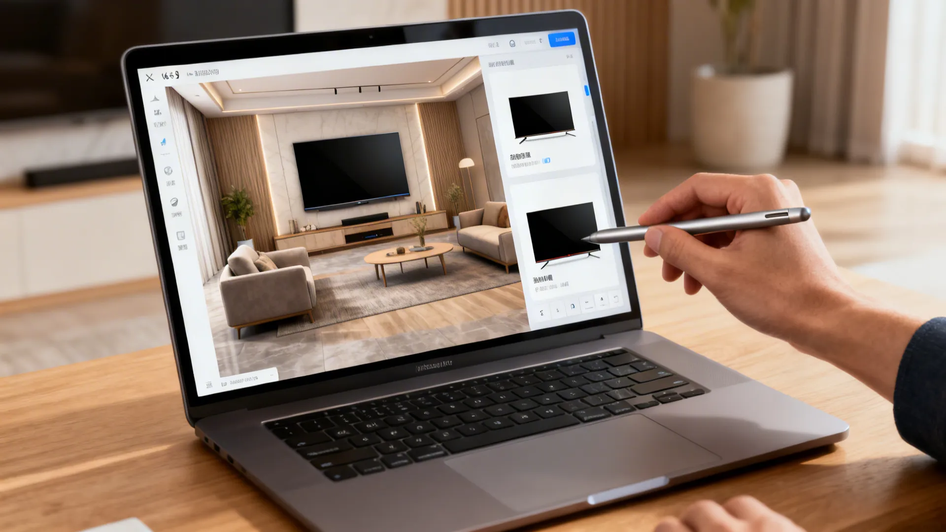 Laptop showing a 3D room planner with multiple TV sizes displayed and a user interacting with it