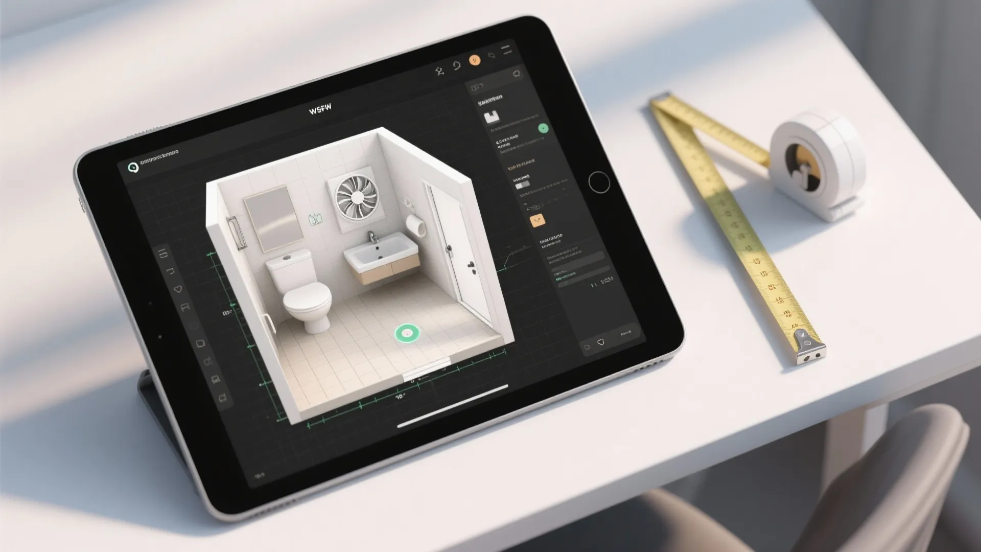 Tablet showing 3D bathroom layout on screen beside a yellow tape measure on white desk