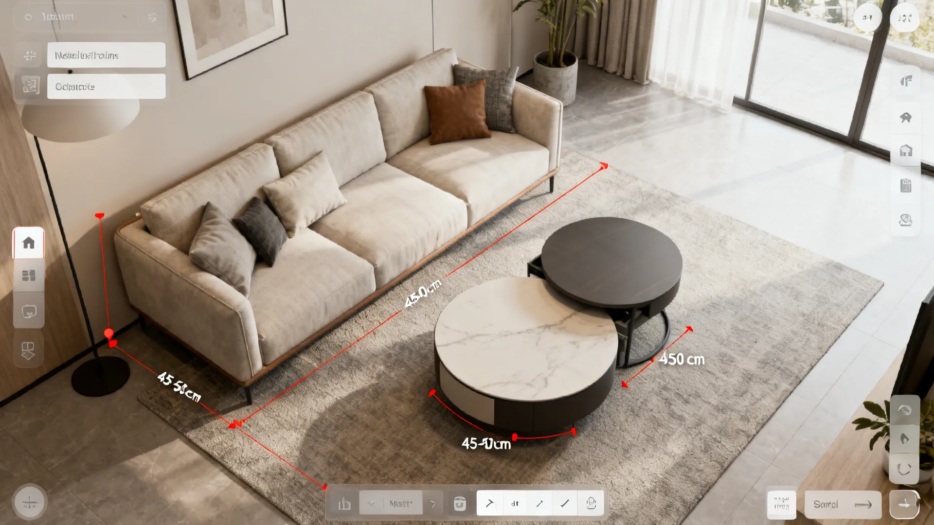 Top-down 3D floor planner view showing coffee table layouts and clearance measurements for a small living room.