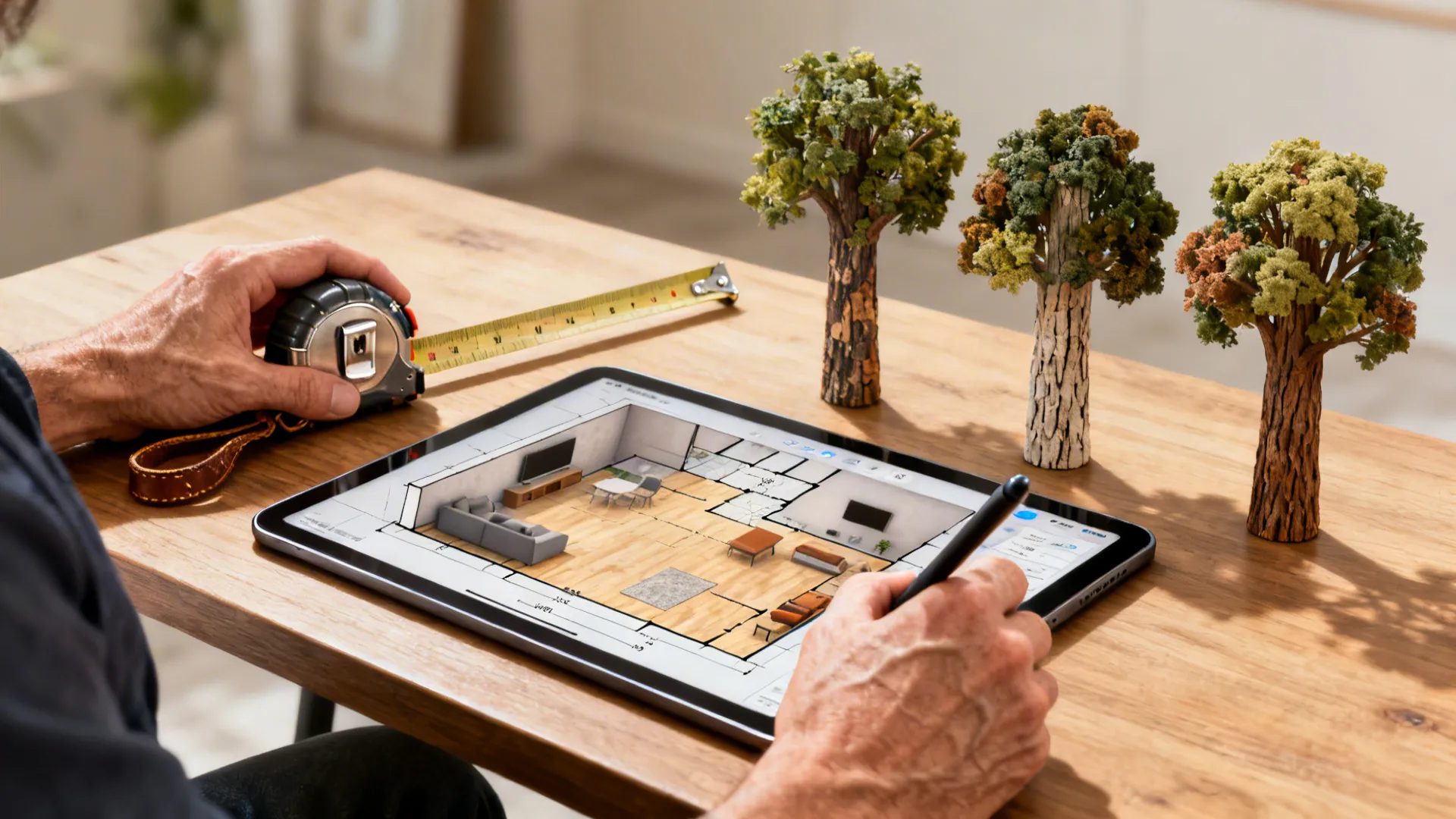 Designer using a 3D floor planner on a tablet while measuring a room and testing faux tree placements