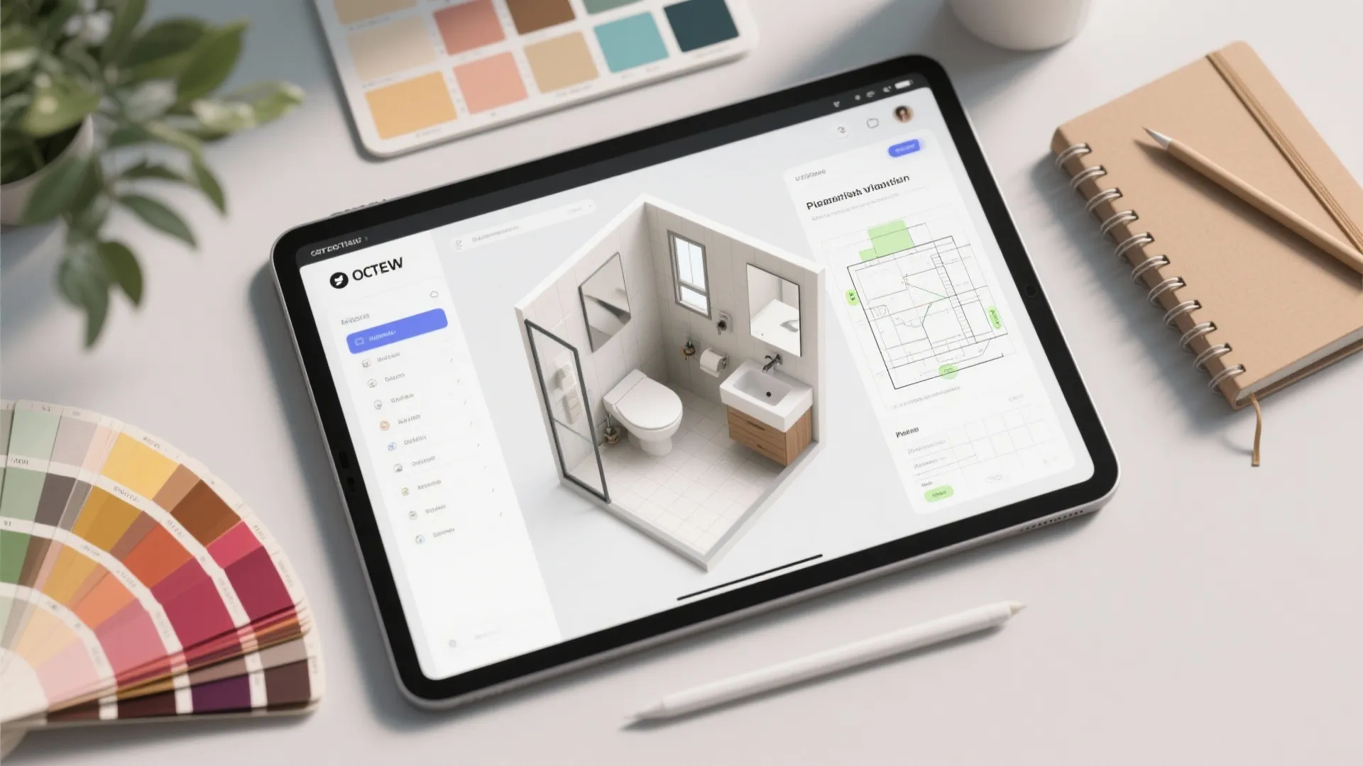 Tablet displaying a 3D bathroom design software next to color swatches and a brown notebook