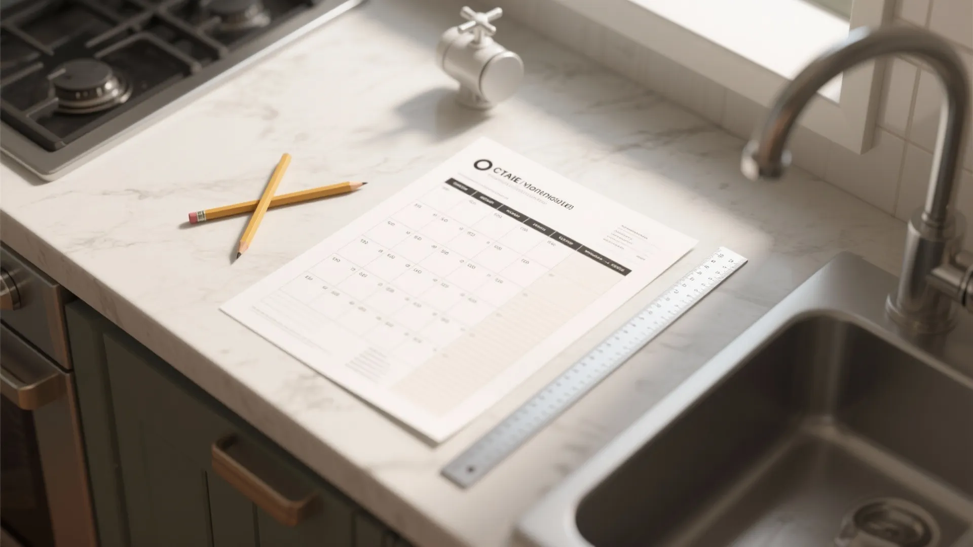 Kitchen counter with white marble top showing a paper document pencils ruler and a sink
