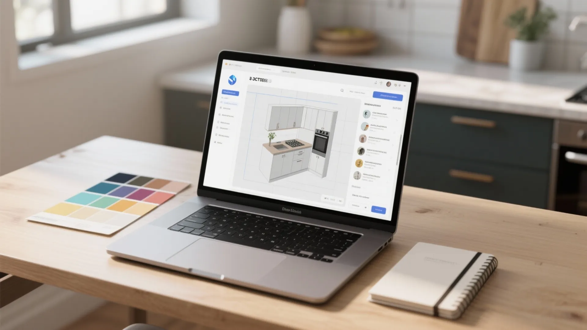 Laptop on wooden desk showing kitchen interior design drawing next to color swatches and notebook