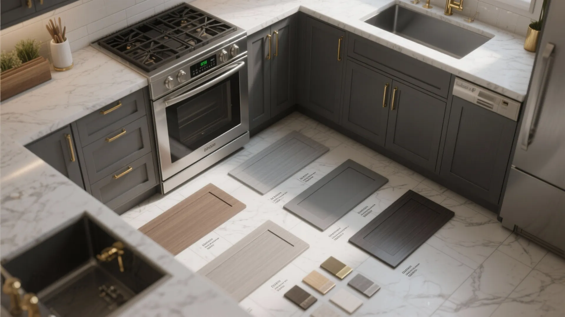 Interior design drawing showing dark grey kitchen cabinets with various cabinet door material samples on floor