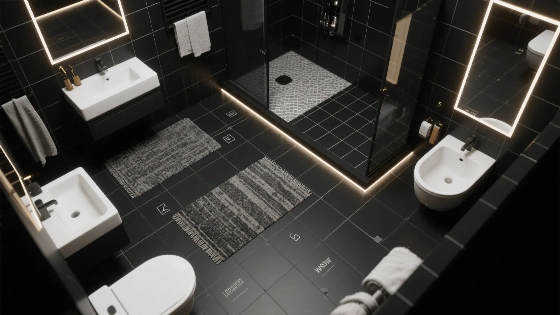 Interior design drawing of a black modern bathroom with two sinks and a glass shower