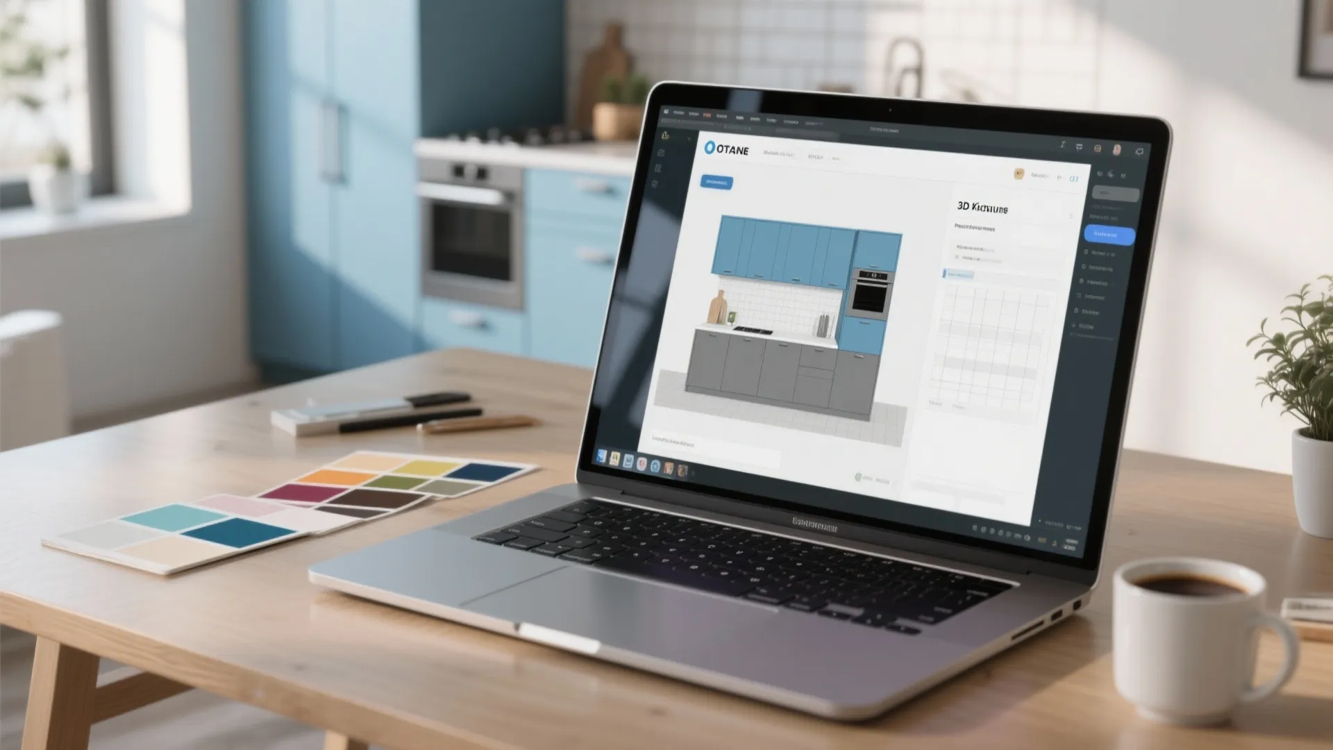 Laptop on wooden desk showing 3D kitchen design software with blue cabinets and white tile