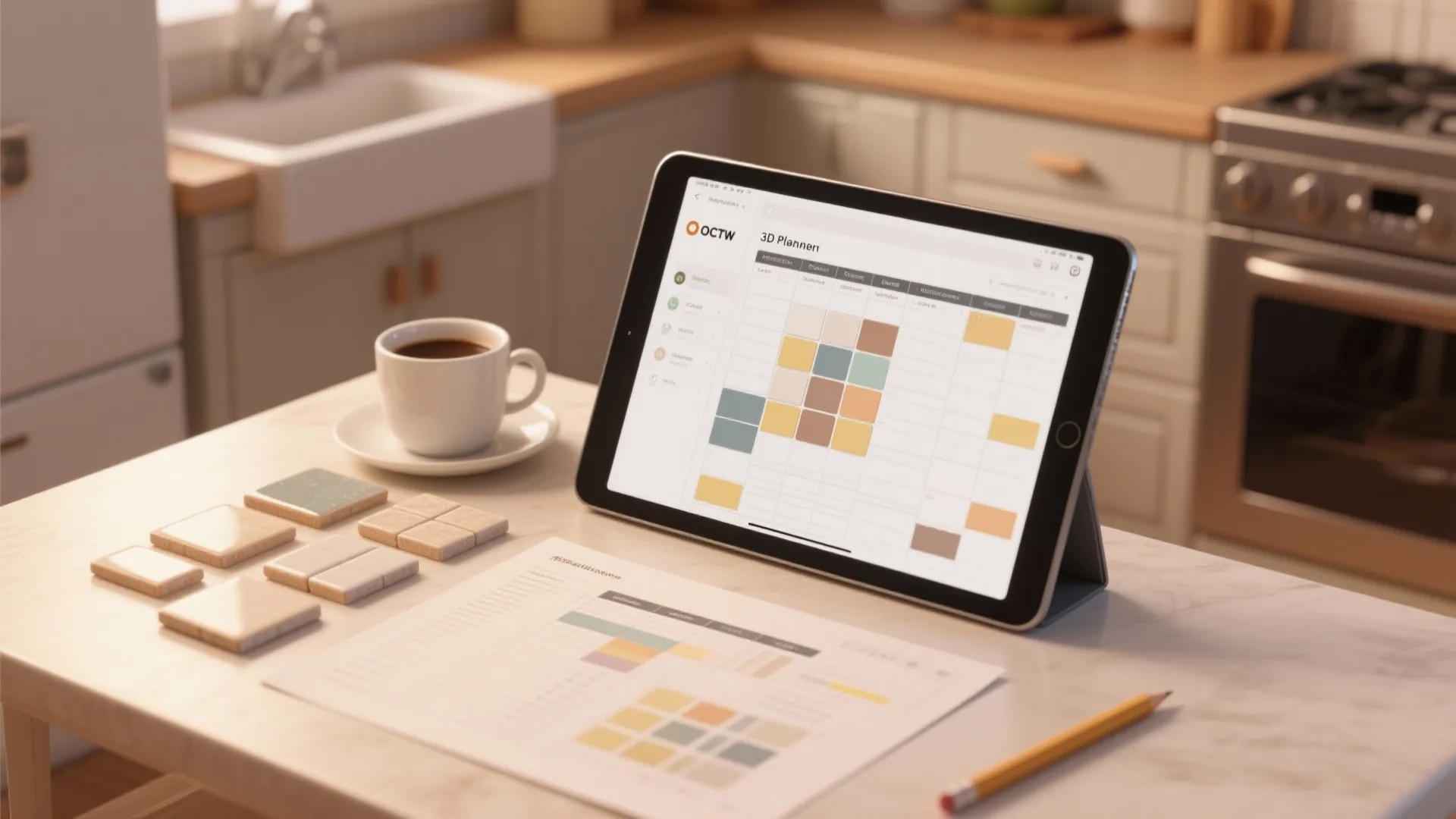 Top-down view of a tablet showing a 3D tile planner with physical tile samples and planning tools