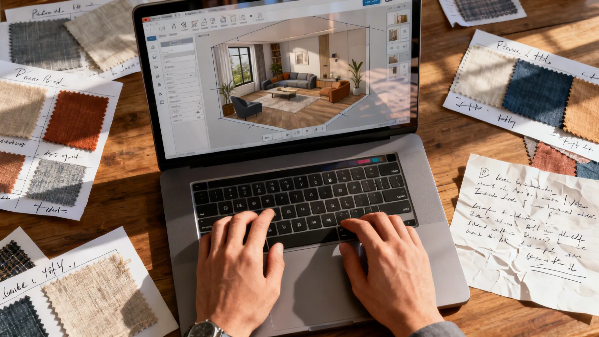 Laptop showing interior design drawing with fabric samples and paper notes on a wooden desk