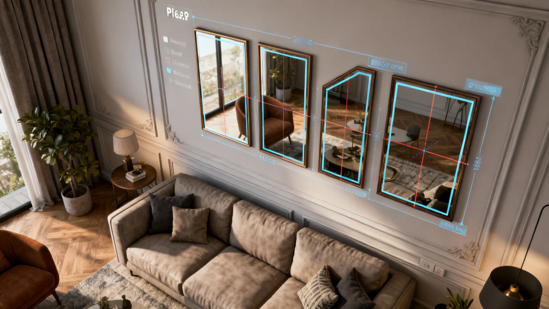 3D planner mockup over a living room photo showing different mirror sizes and sightlines.