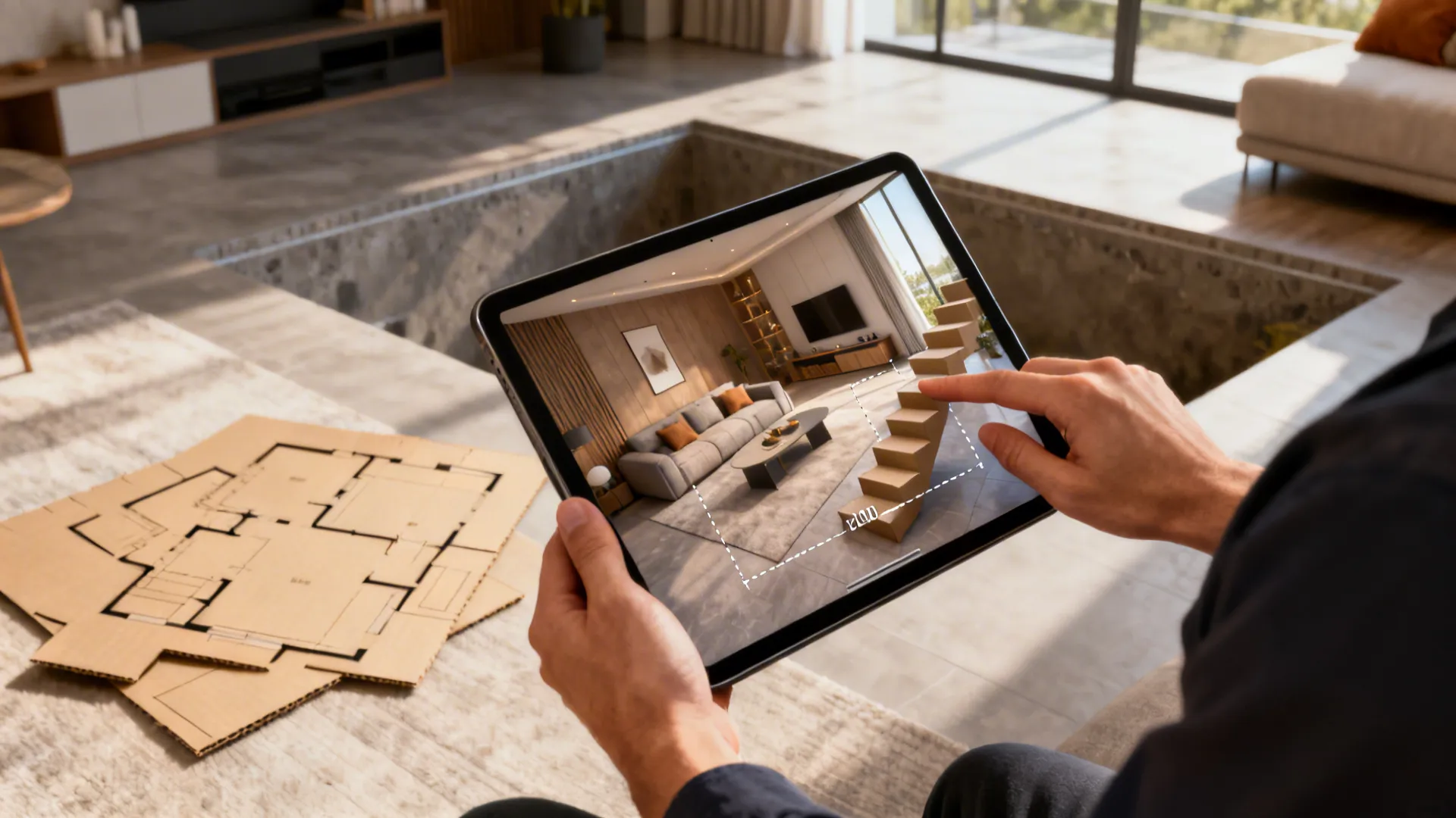 Designer using a 3D room planner and cardboard templates to test sunken living room proportions