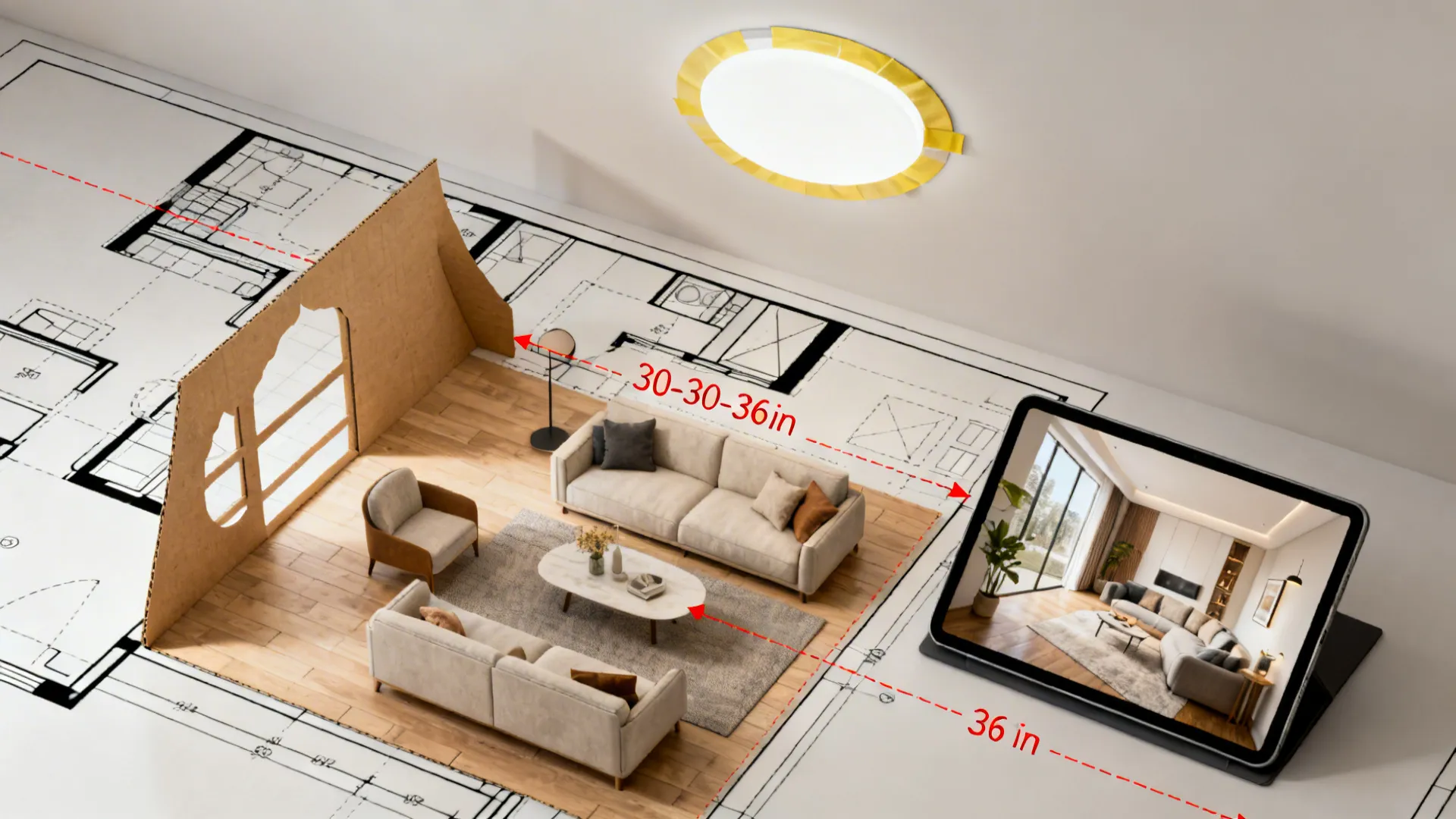 Interior design drawing showing furniture models on a floor plan and a tablet with finished rooms