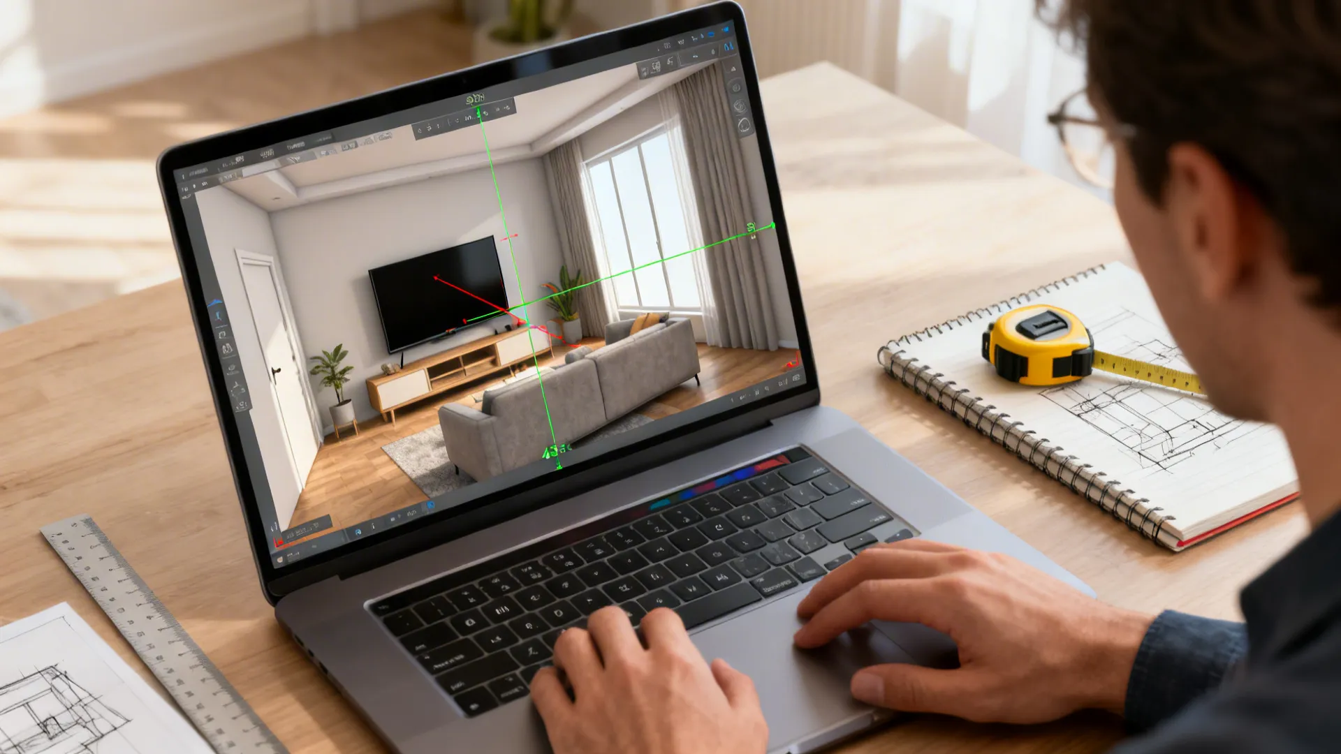 Designer using a 3D planner on a laptop to mock up a small living room with a 43-inch TV