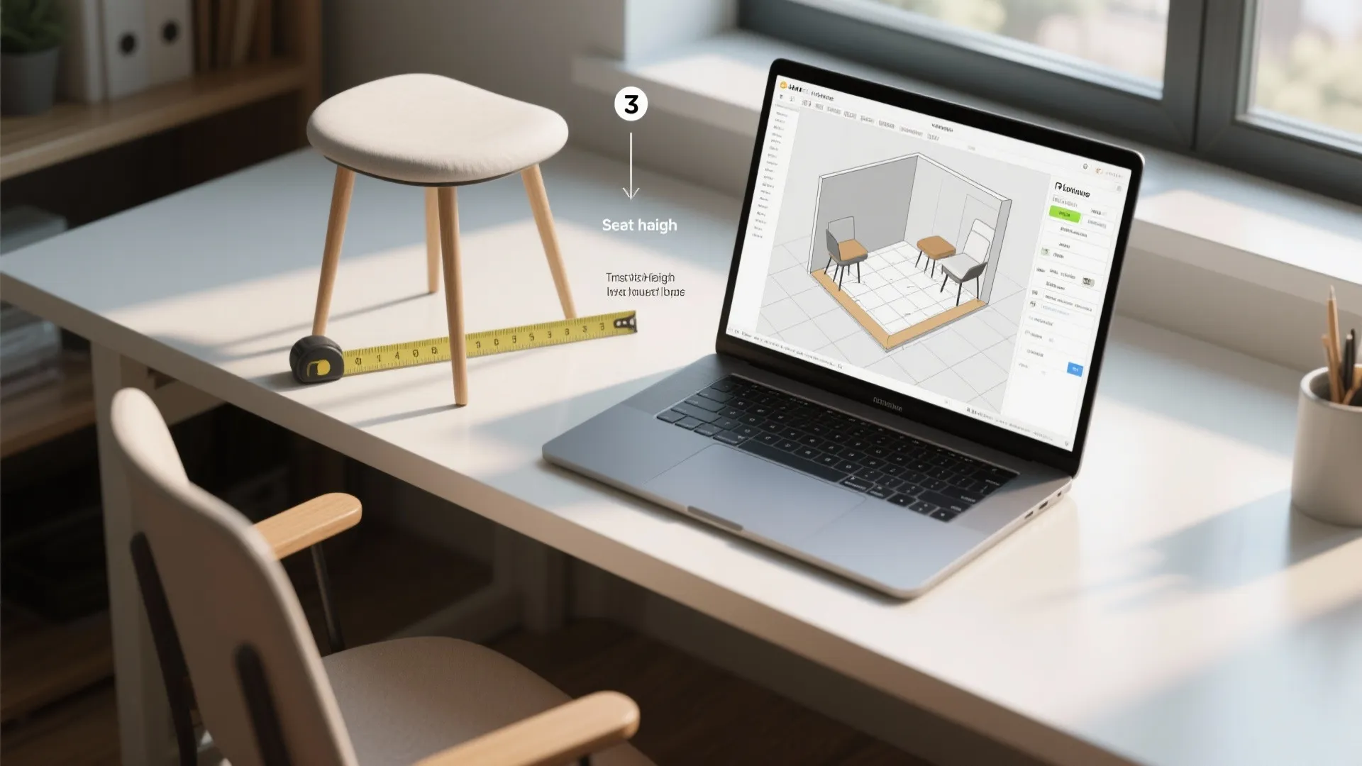 Laptop showing interior design drawing next to small footrest and yellow measuring tape on desk