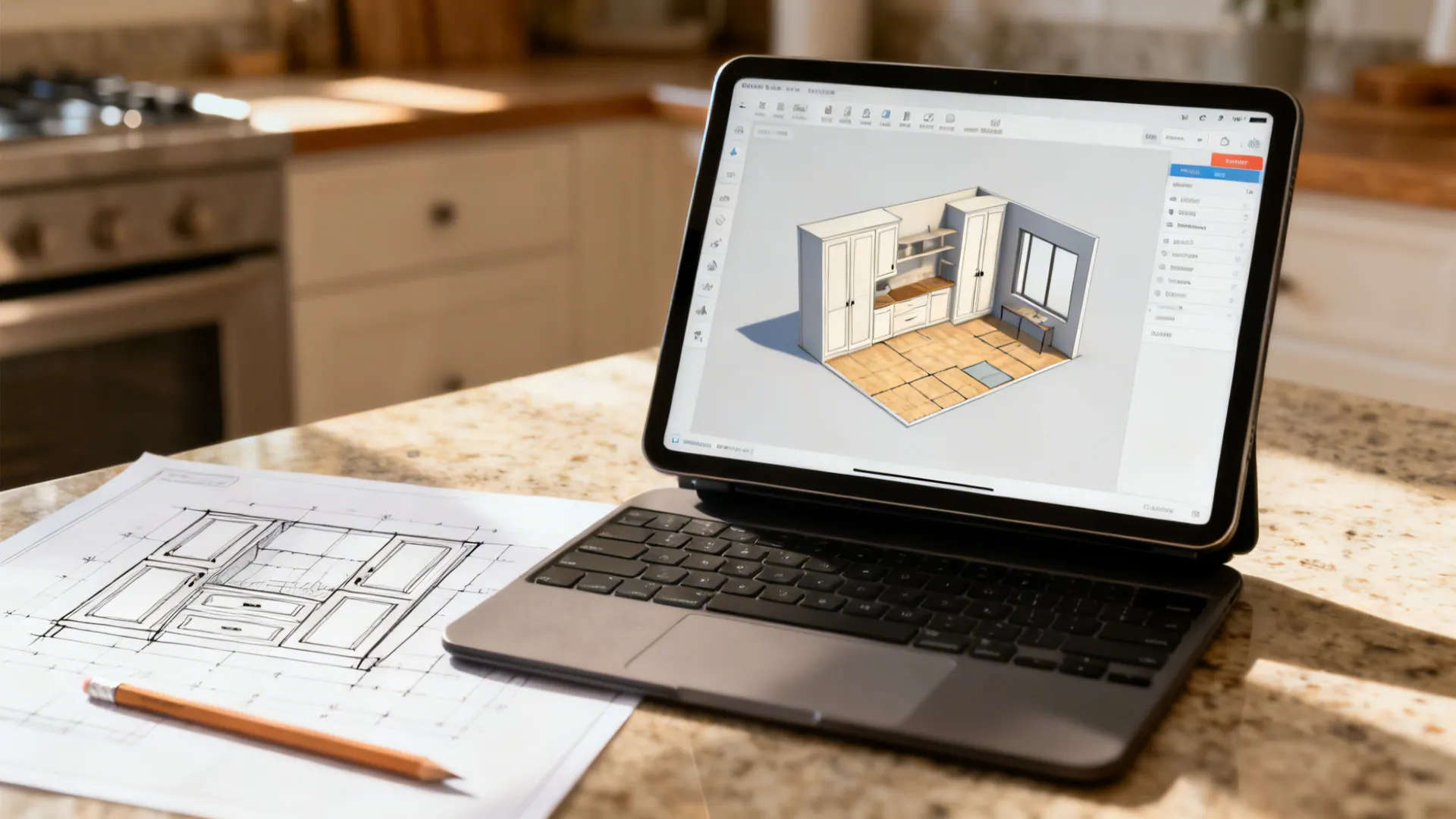 Laptop showing a 3D floor planner beside a printed cabinet sketch and pencil.