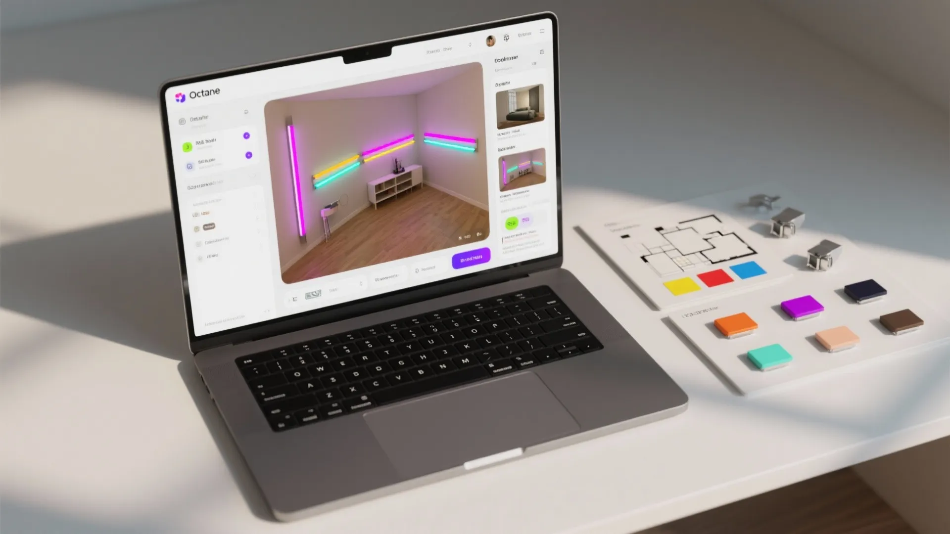 Top-down view of a 3D room planner on a laptop with RGB strip placement and color previews