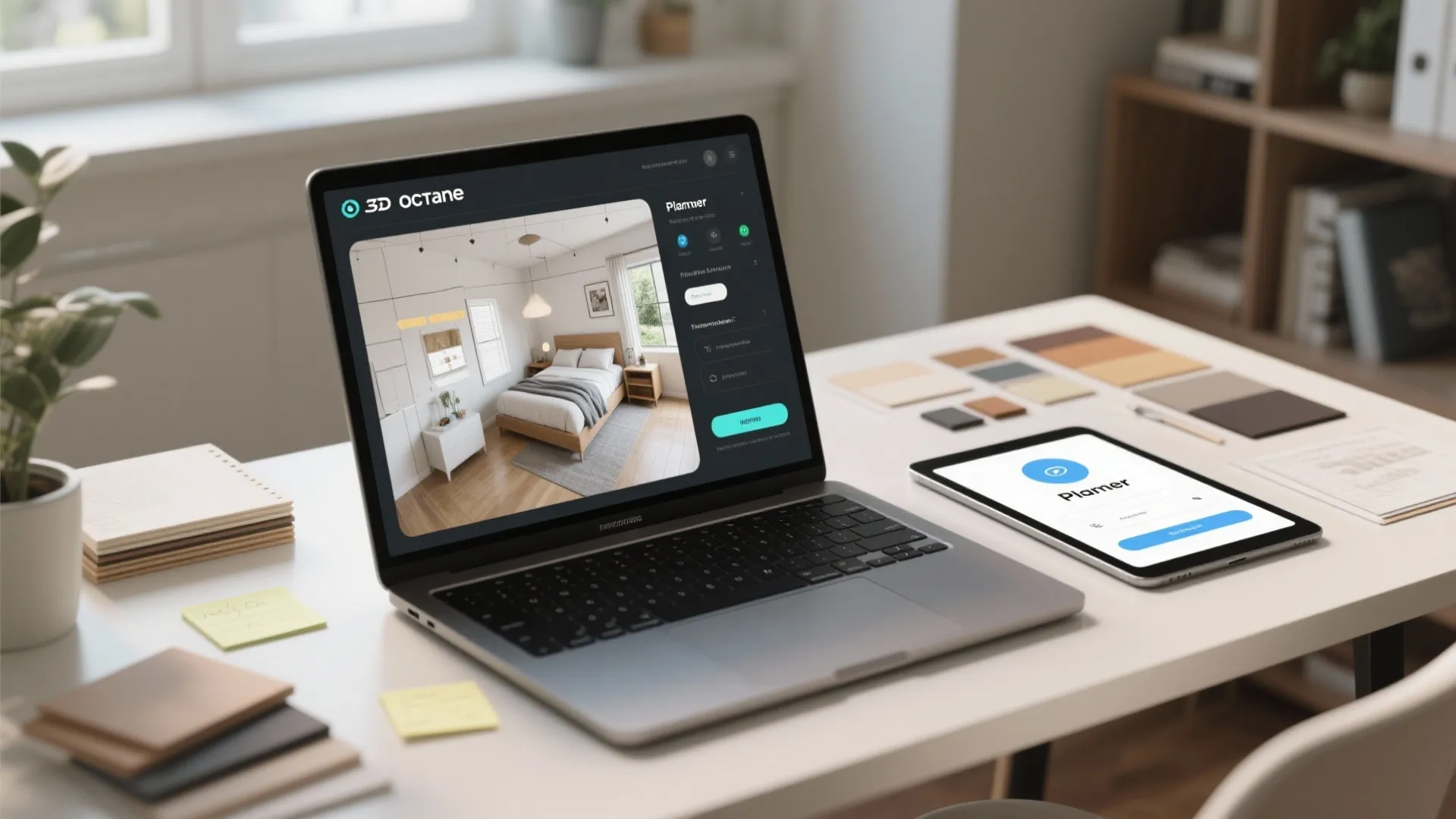 Laptop and tablet showing interior design drawing of a bedroom on a clean white desk workspace