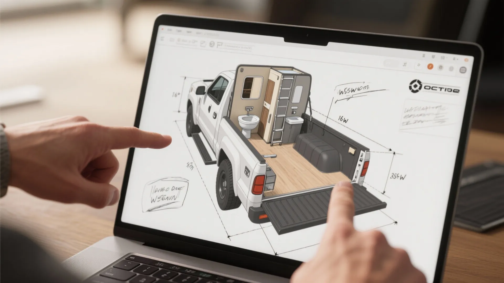 Laptop screen with 3D floor planner showing a truck bed camper bathroom layout