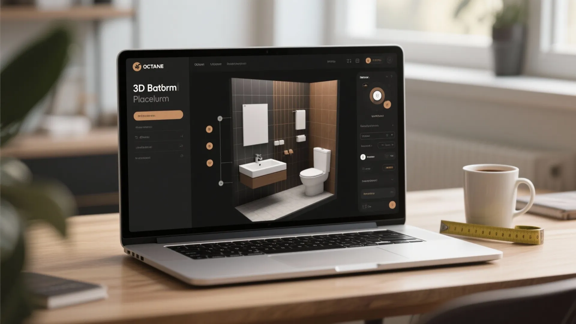 Laptop on a wooden desk showing 3D interior design software with a small bathroom layout