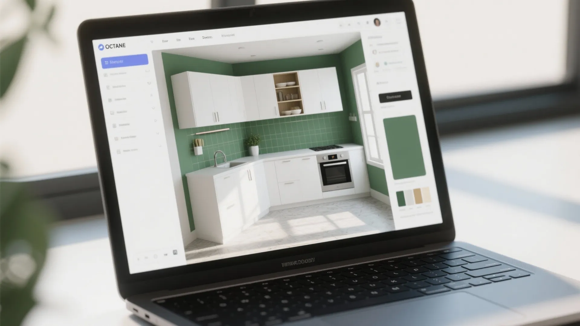 Laptop showing a 3D floor planner with a white cabinets and green walls kitchen mockup.