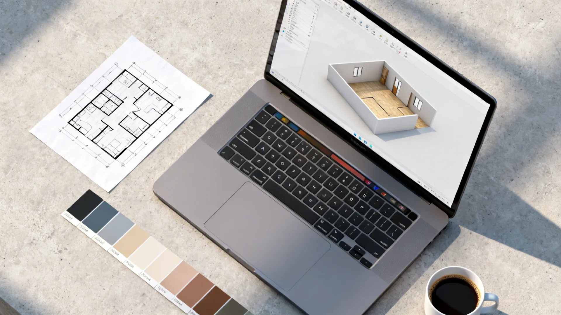 Top-down view of a laptop showing a 3D floor planner with paint chips and a floor plan nearby.