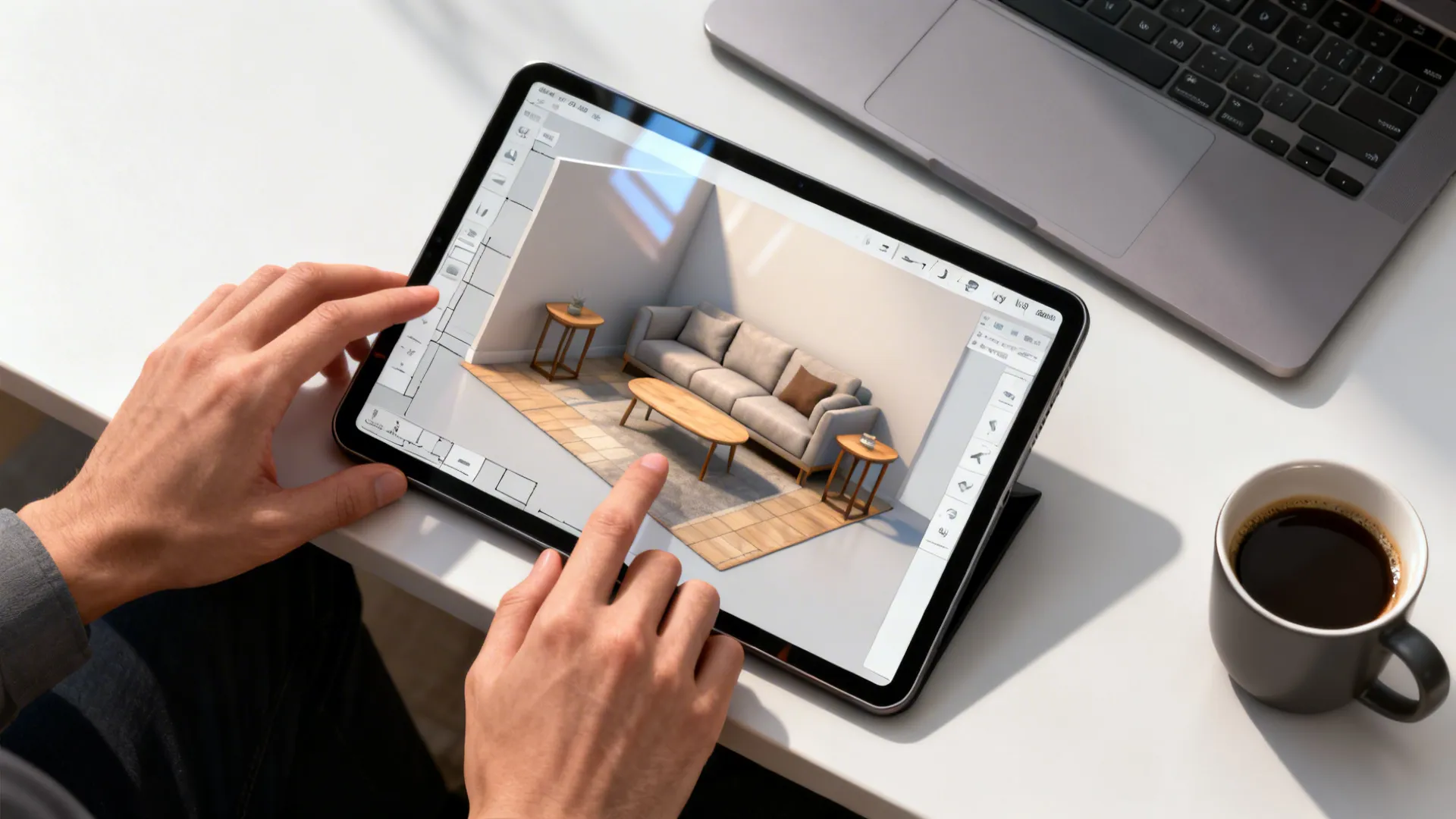 Person using a tablet to create a 3D living room layout with a grey sofa