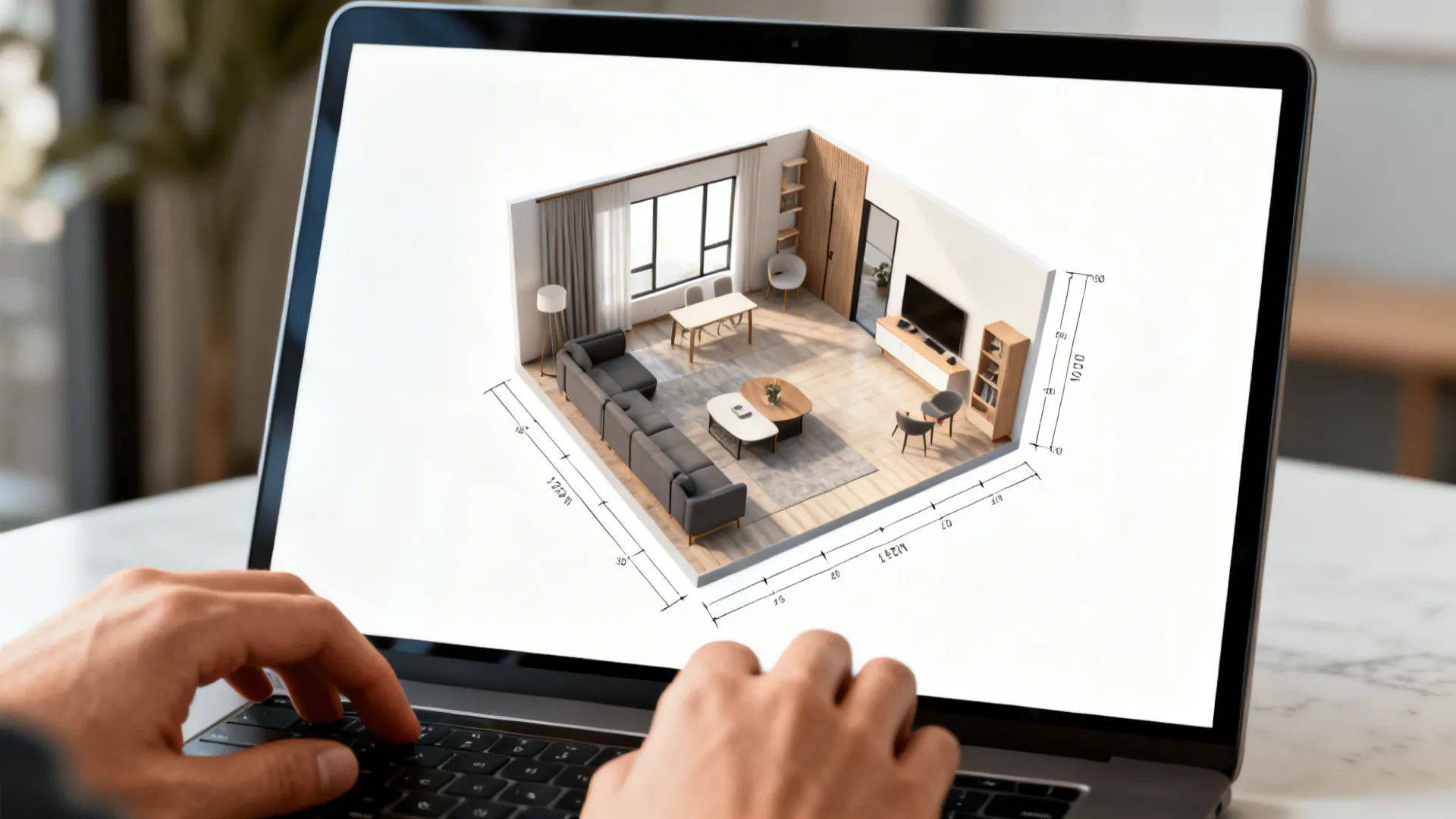 Laptop showing a 3D floor planner used to test sofa placement and rug sizes
