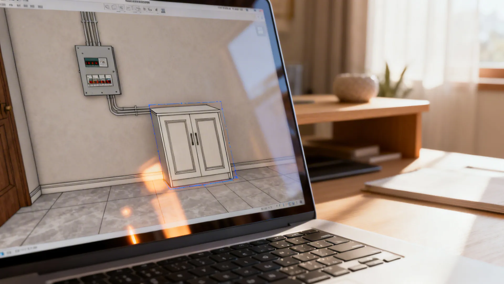 Laptop showing a 3D floor planner with a proposed cabinet concealing an electrical panel.